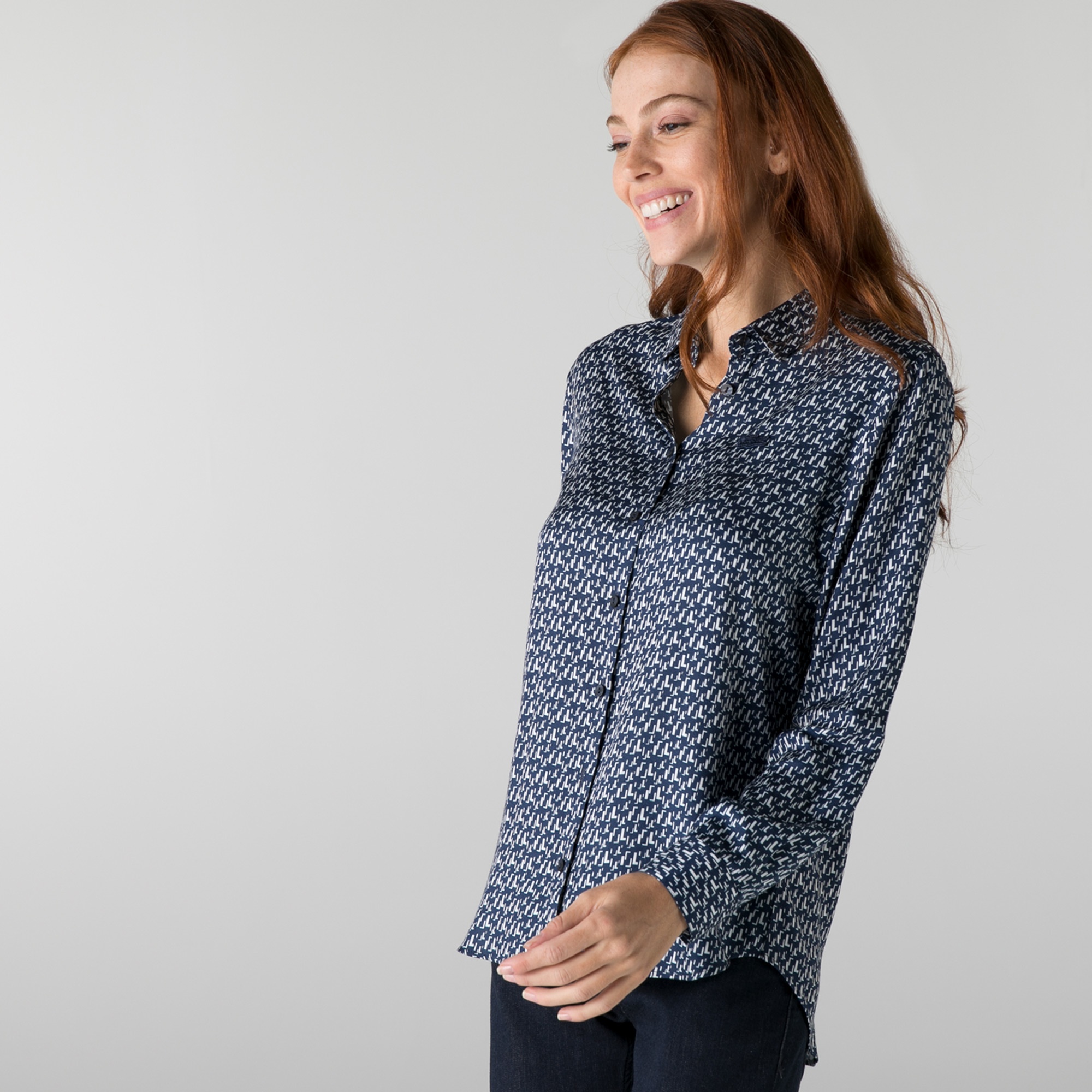 Lacoste Kadın Slim Fit Desenli Lacivert Gömlek