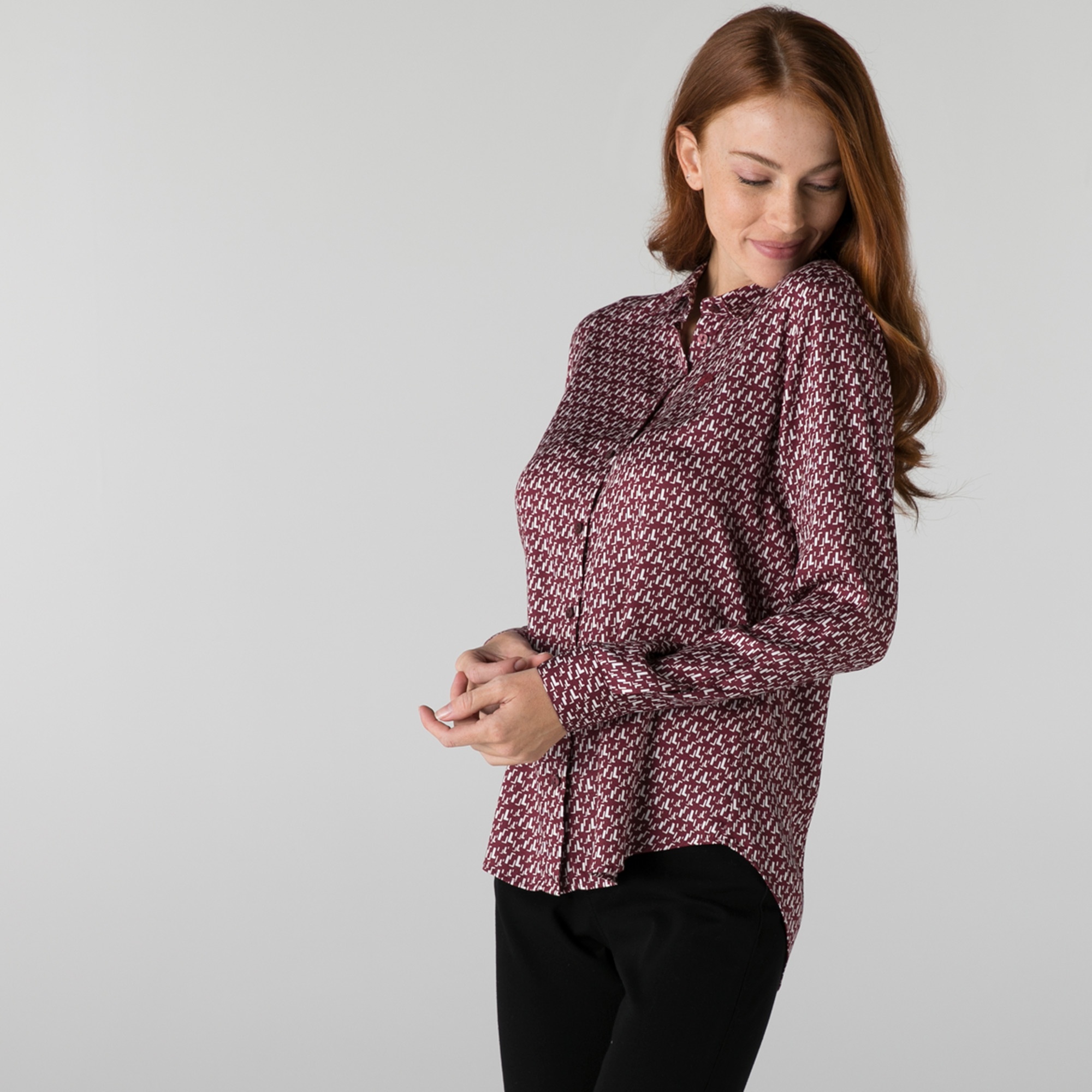 Lacoste Kadın Slim Fit Desenli Bordo Gömlek