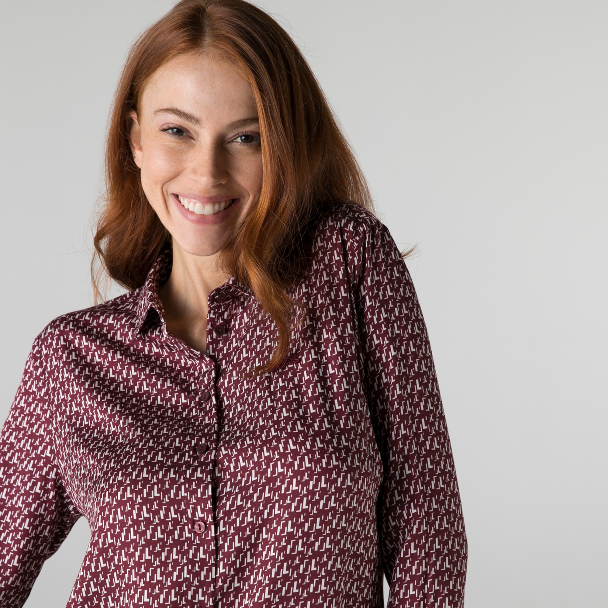 Lacoste Kadın Slim Fit Desenli Bordo Gömlek
