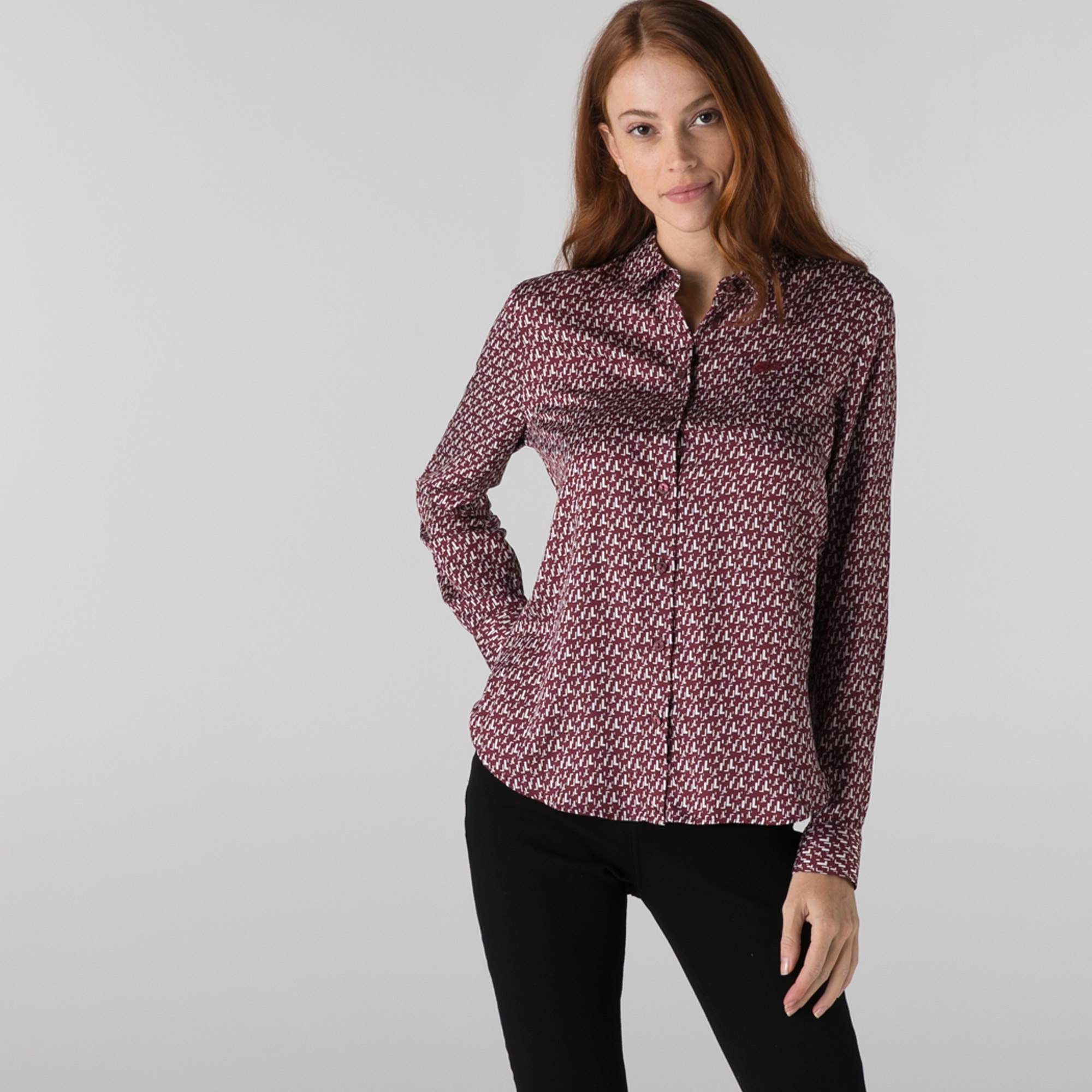 Lacoste Kadın Slim Fit Desenli Bordo Gömlek
