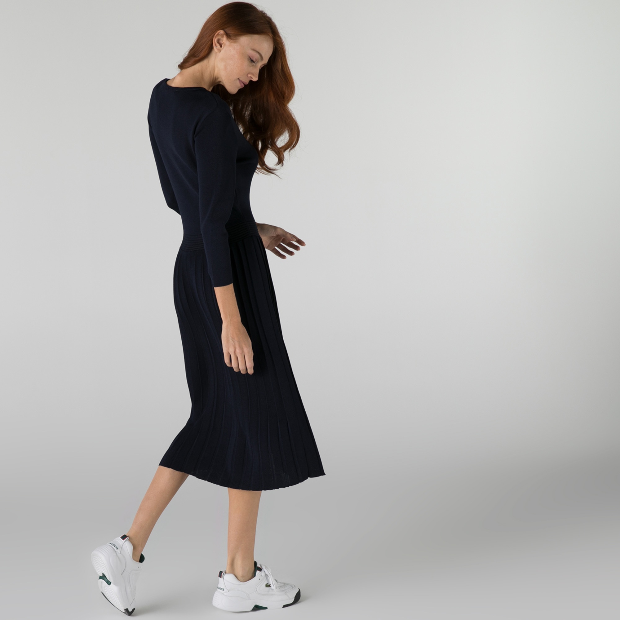 Lacoste Kadın Regular Fit Uzun Kollu Bisiklet Yaka Lacivert Elbise