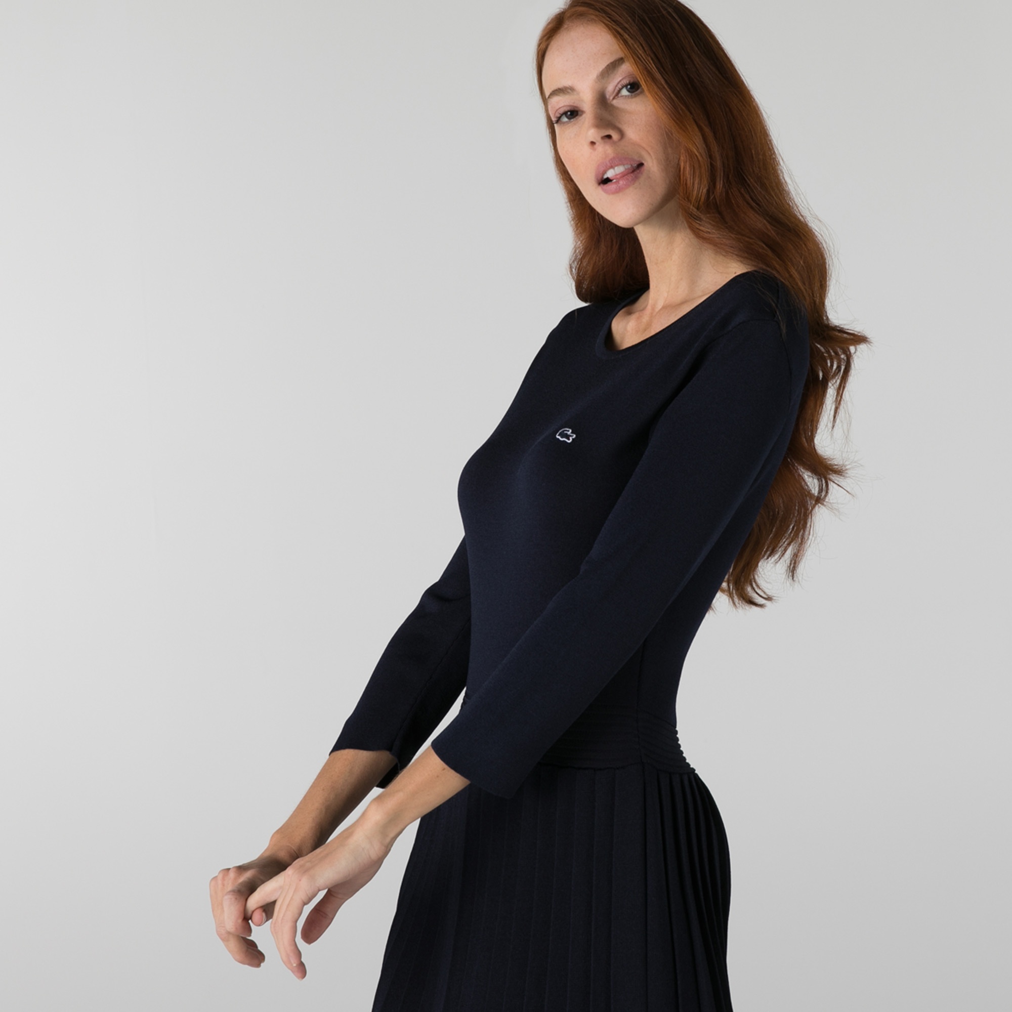 Lacoste Kadın Regular Fit Uzun Kollu Bisiklet Yaka Lacivert Elbise