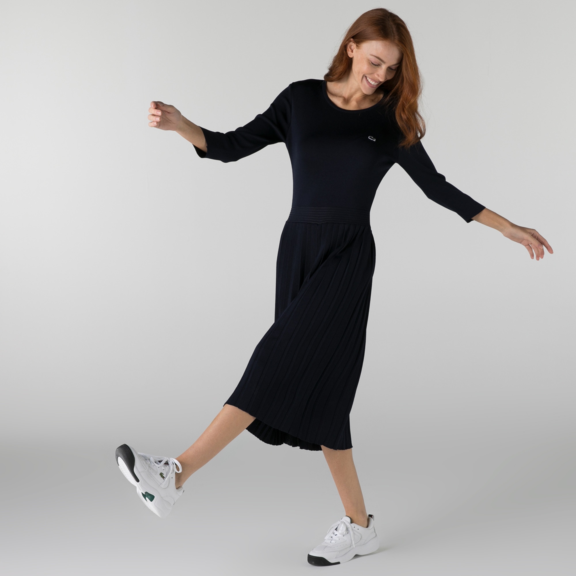 Lacoste Kadın Regular Fit Uzun Kollu Bisiklet Yaka Lacivert Elbise