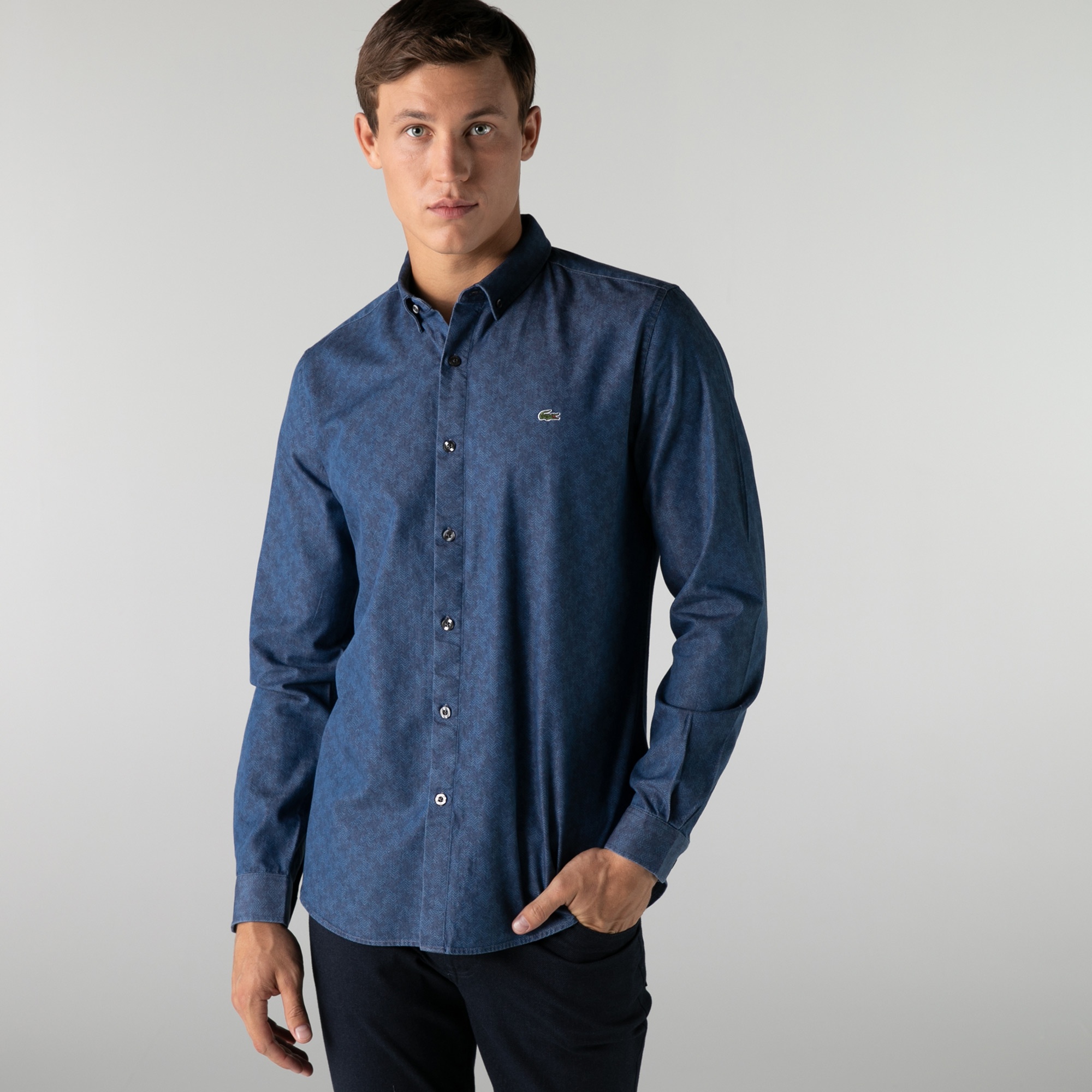 Lacoste Erkek Slim Fit Desenli Mavi Gömlek