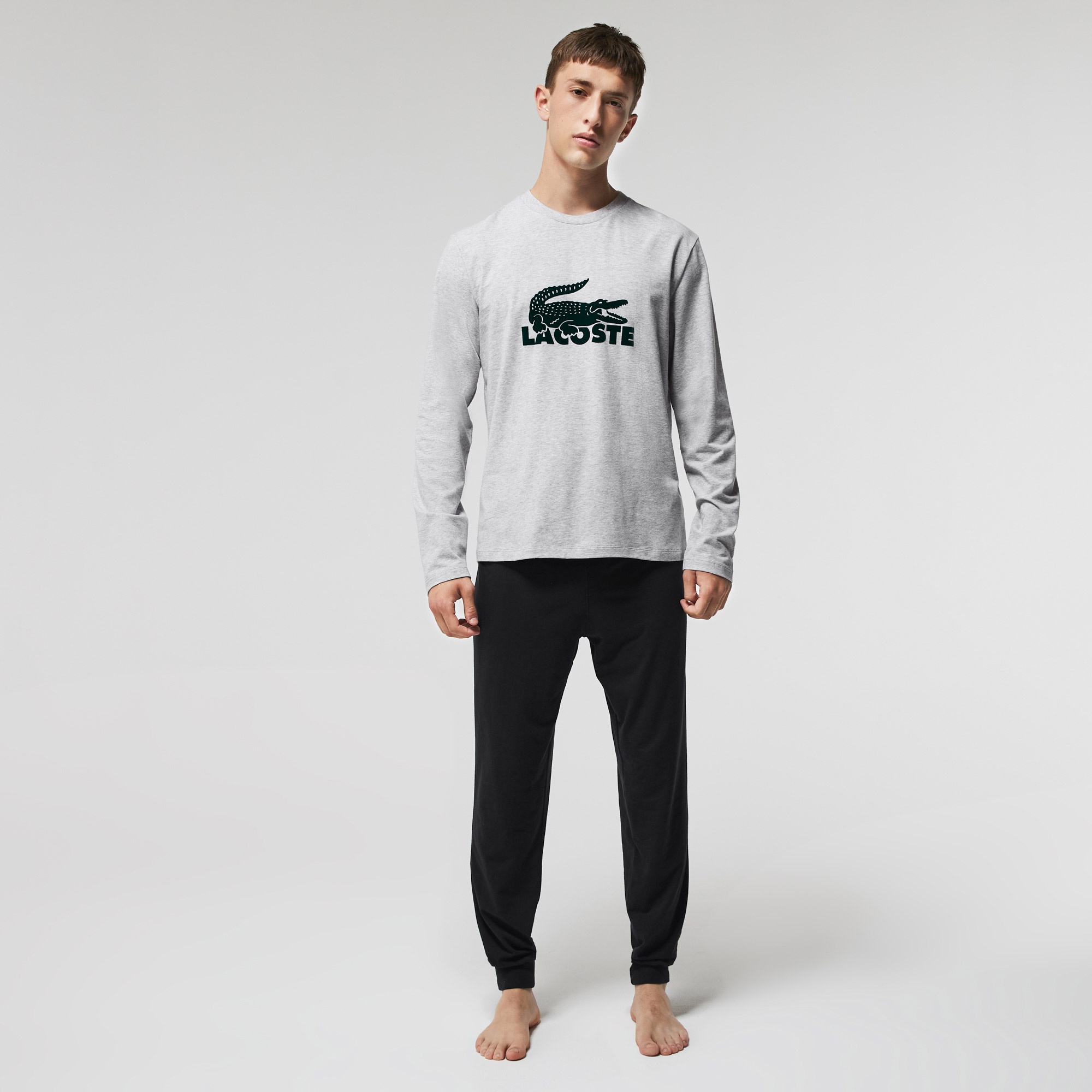 Lacoste Erkek Regular Fit Uzun Kollu Bisiklet Yaka Baskılı Gri Pijama Takımı