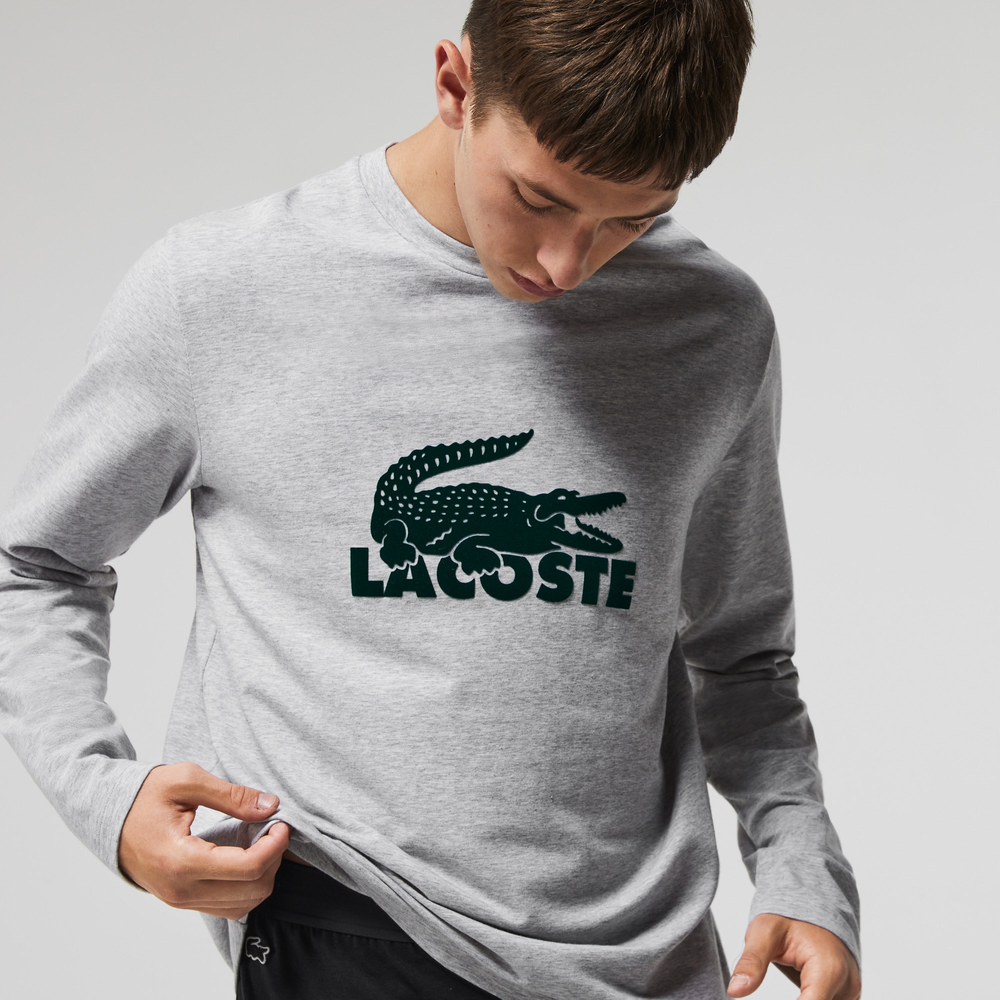 Lacoste Erkek Regular Fit Uzun Kollu Bisiklet Yaka Baskılı Gri Pijama Takımı