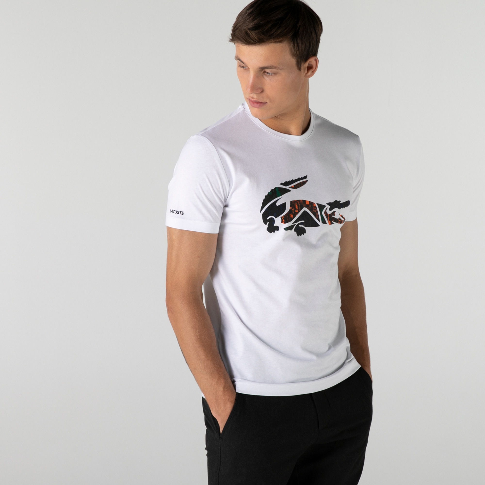 Lacoste Erkek Slim Fit Bisiklet Yaka Baskılı Beyaz T-Shirt