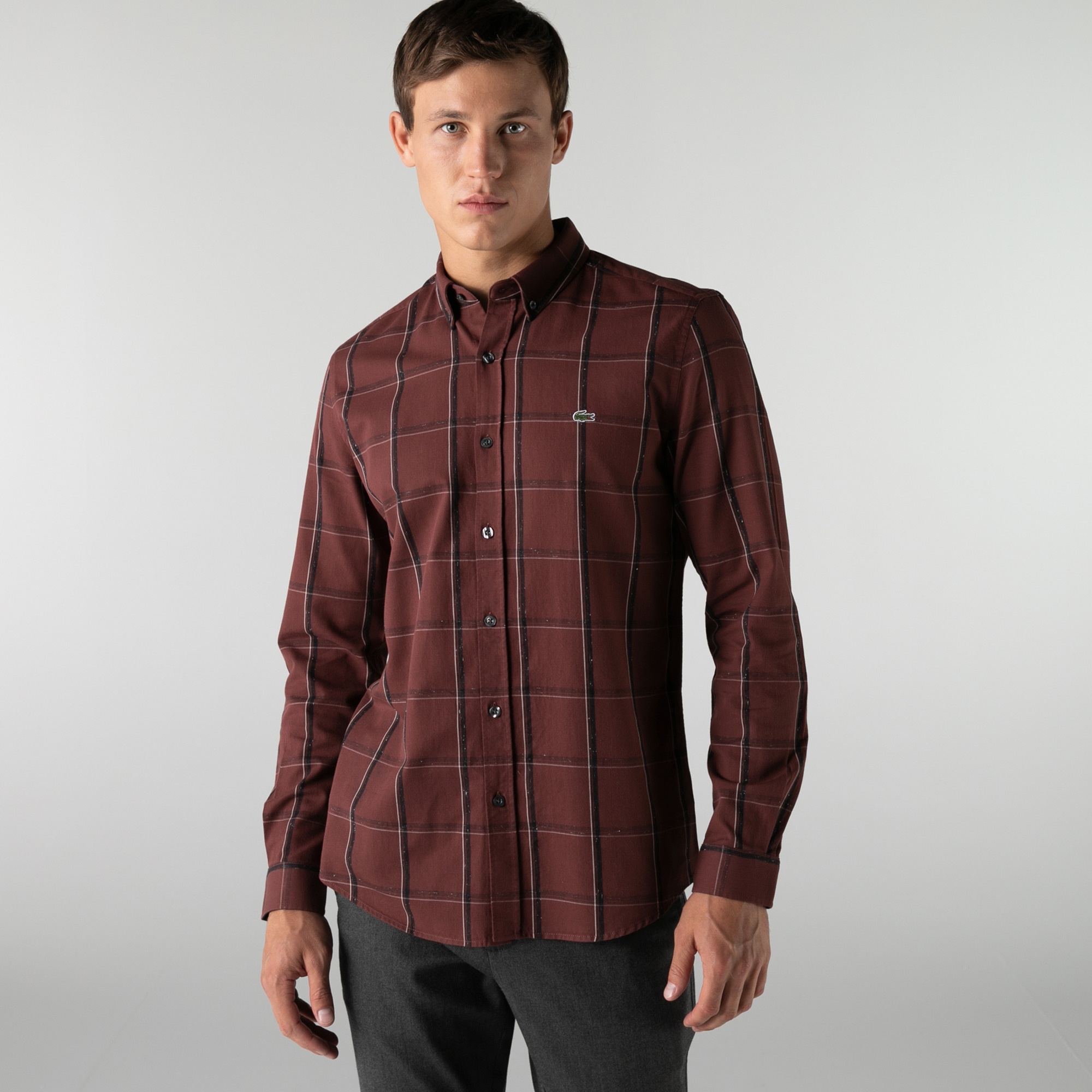 Lacoste Erkek Slim Fit Ekose Bordo Gömlek