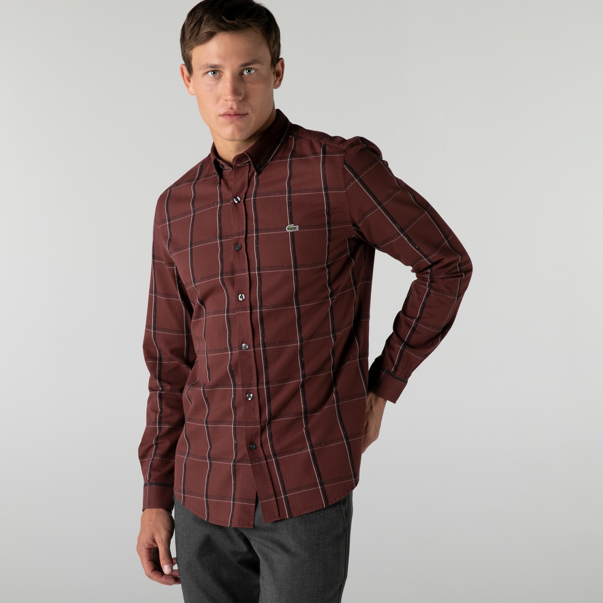 Lacoste Erkek Slim Fit Ekose Bordo Gömlek