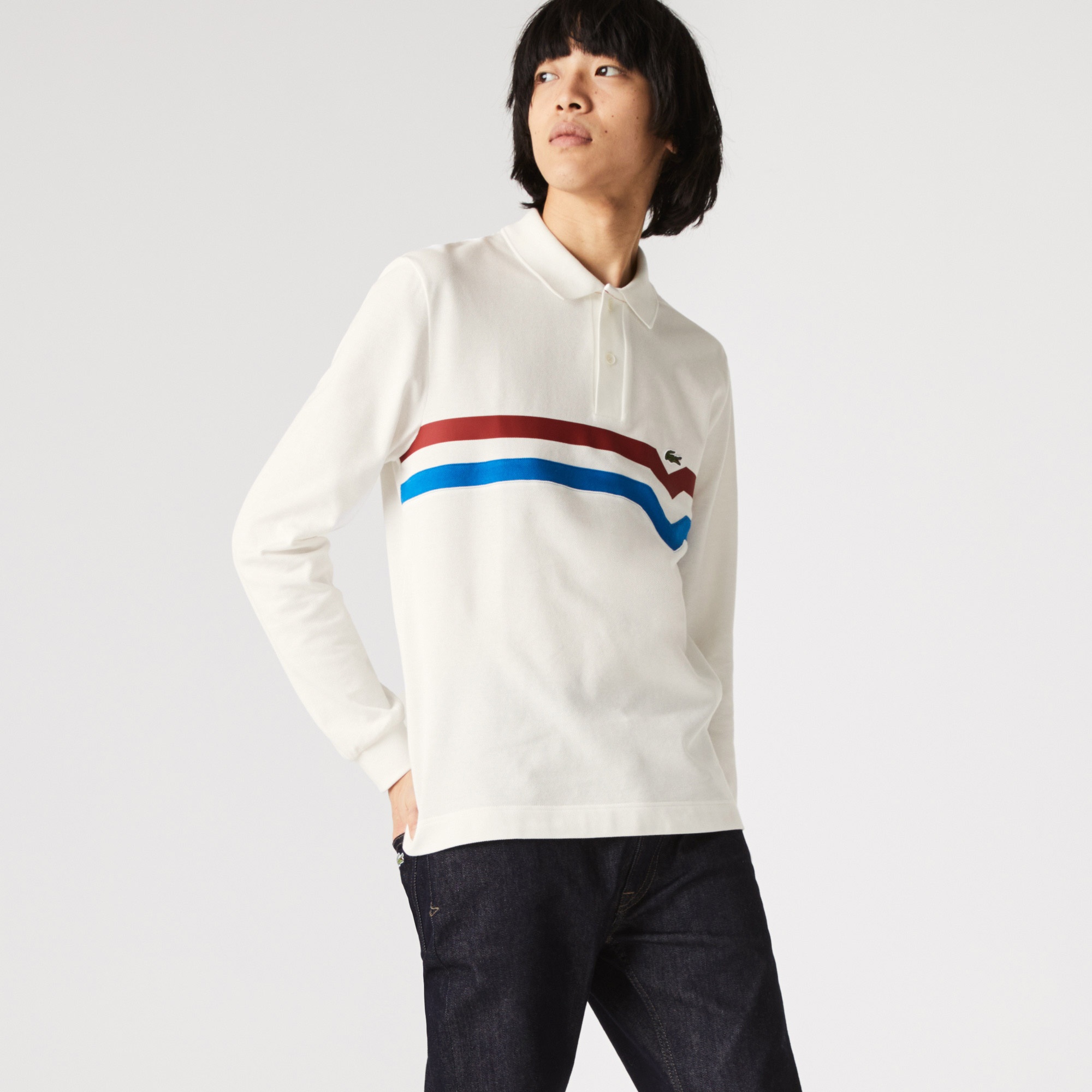 Lacoste Erkek Regular Fit Uzun Kollu Çizgili Beyaz Polo