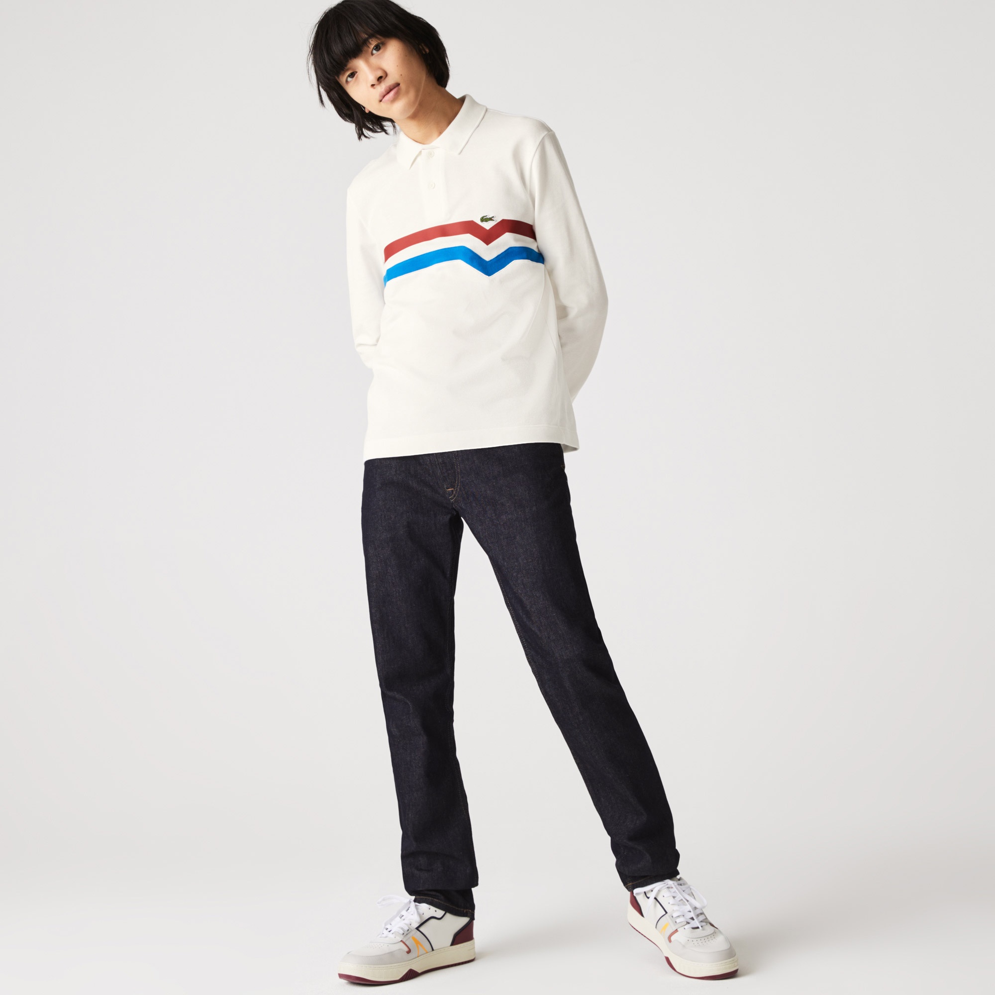Lacoste Erkek Regular Fit Uzun Kollu Çizgili Beyaz Polo