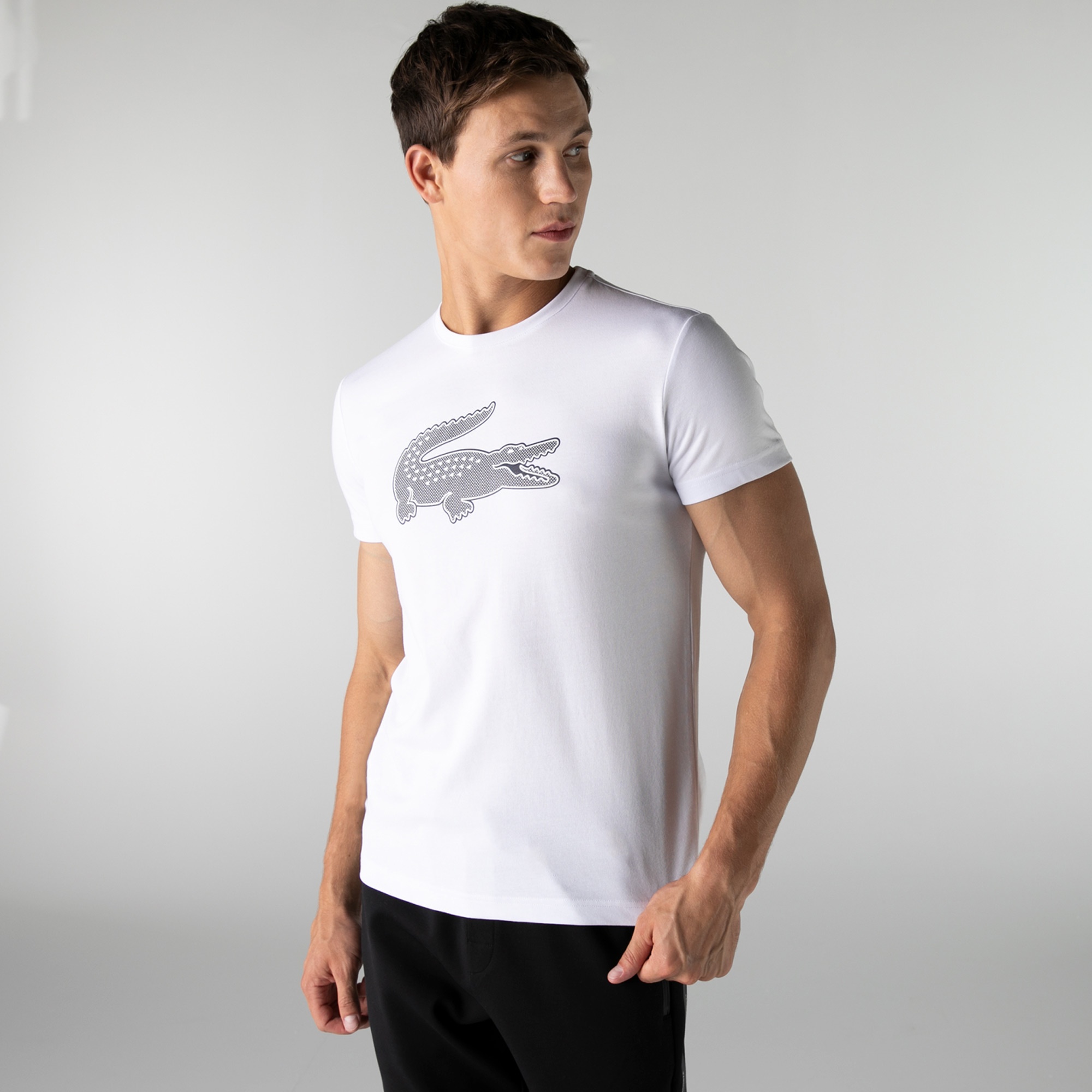 Lacoste SPORT Erkek Bisiklet Yaka Baskılı Beyaz T-Shirt
