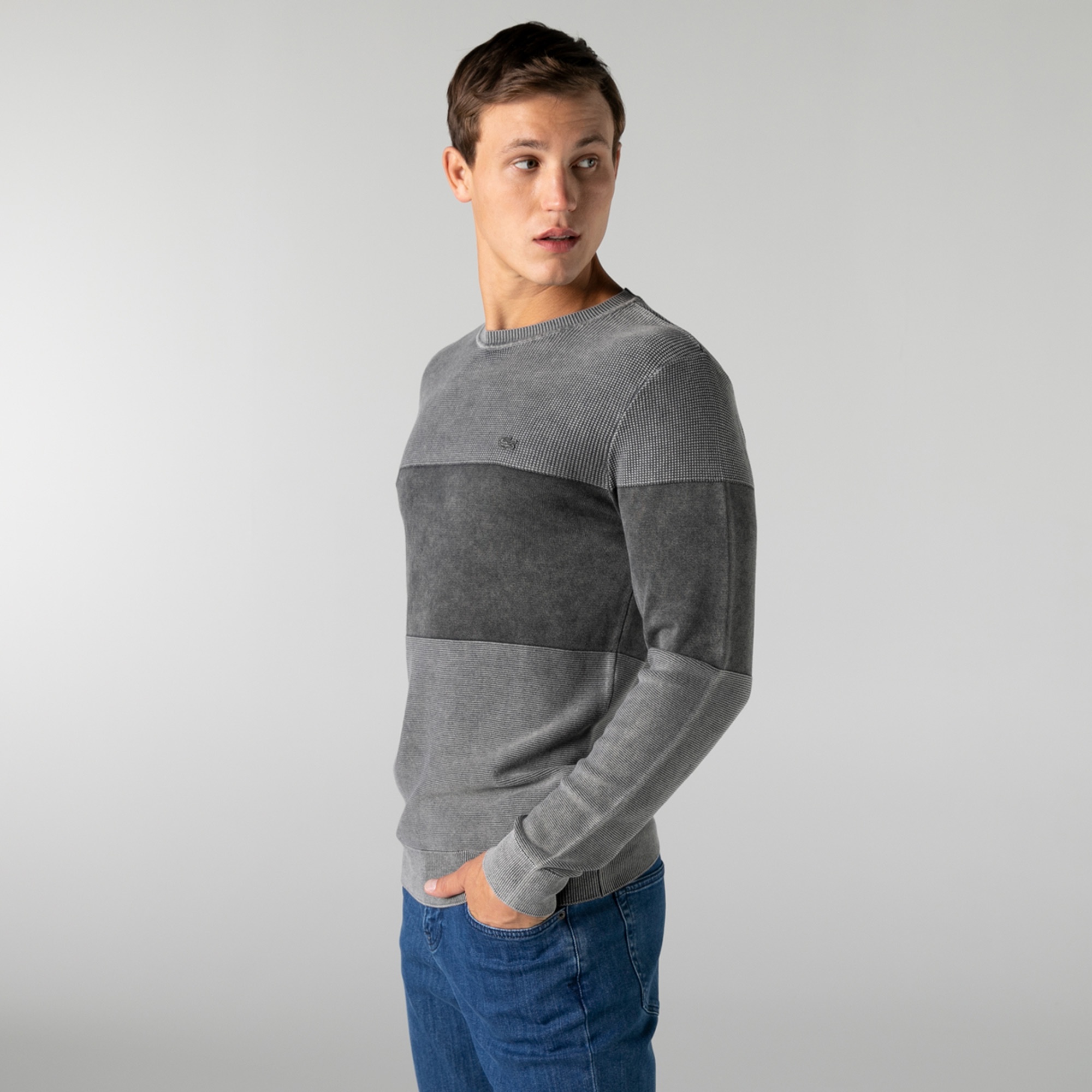 Lacoste Erkek Regular Fit Bisiklet Yaka Renk Bloklu Gri Kazak