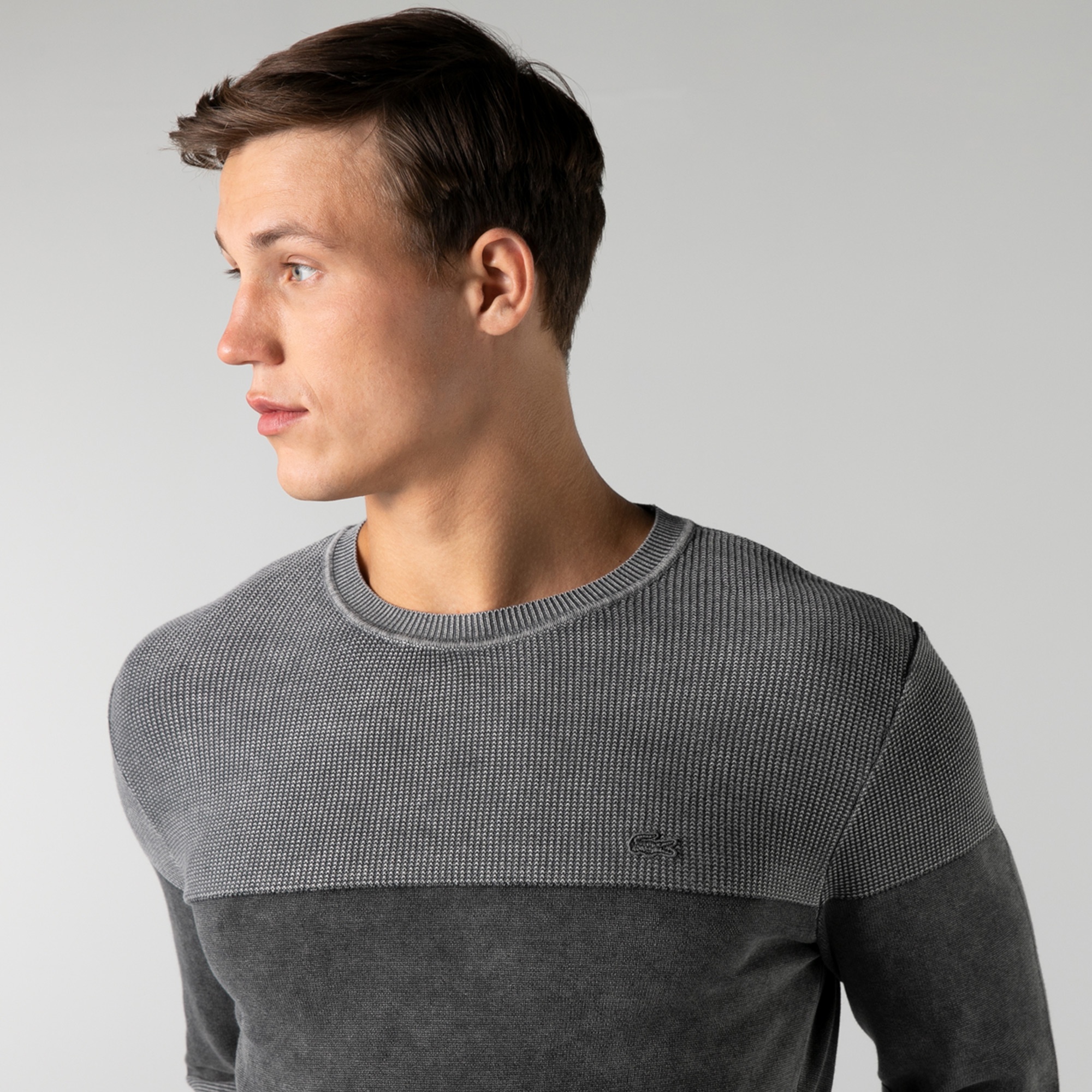 Lacoste Erkek Regular Fit Bisiklet Yaka Renk Bloklu Gri Kazak