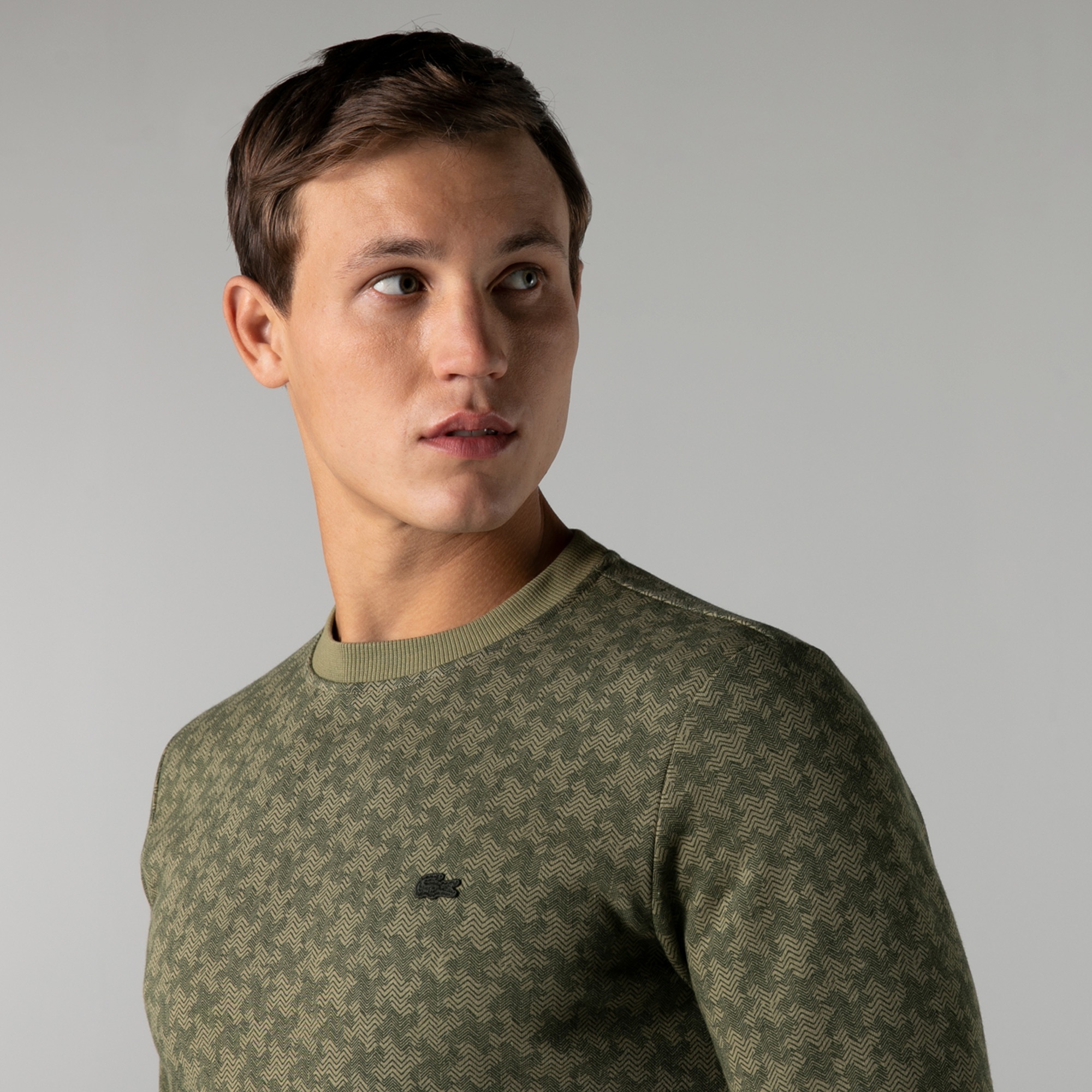 Lacoste Erkek Slim Fit Bisiklet Yaka Desenli Haki Sweatshirt