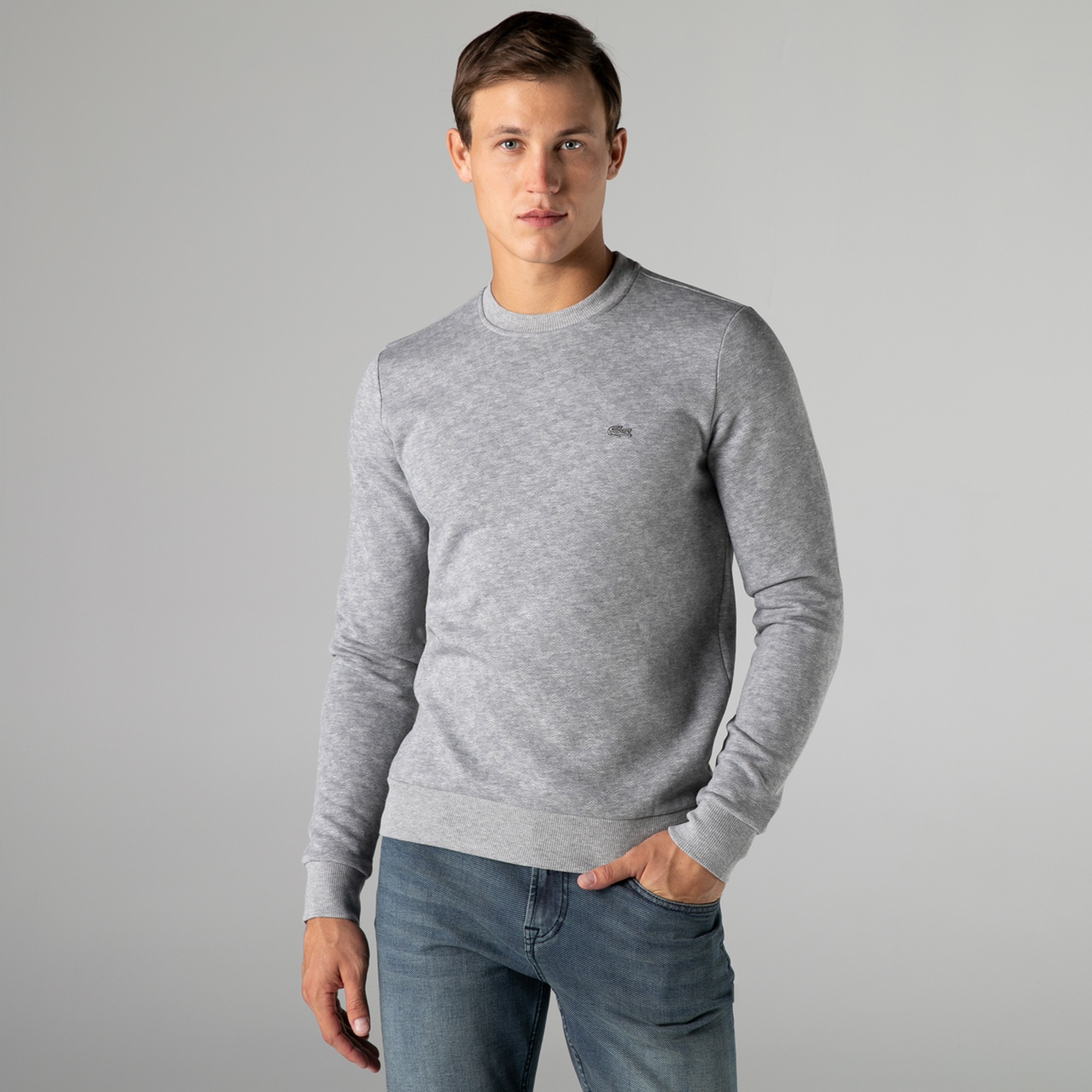 Lacoste Erkek Slim Fit Bisiklet Yaka Desenli Gri Sweatshirt