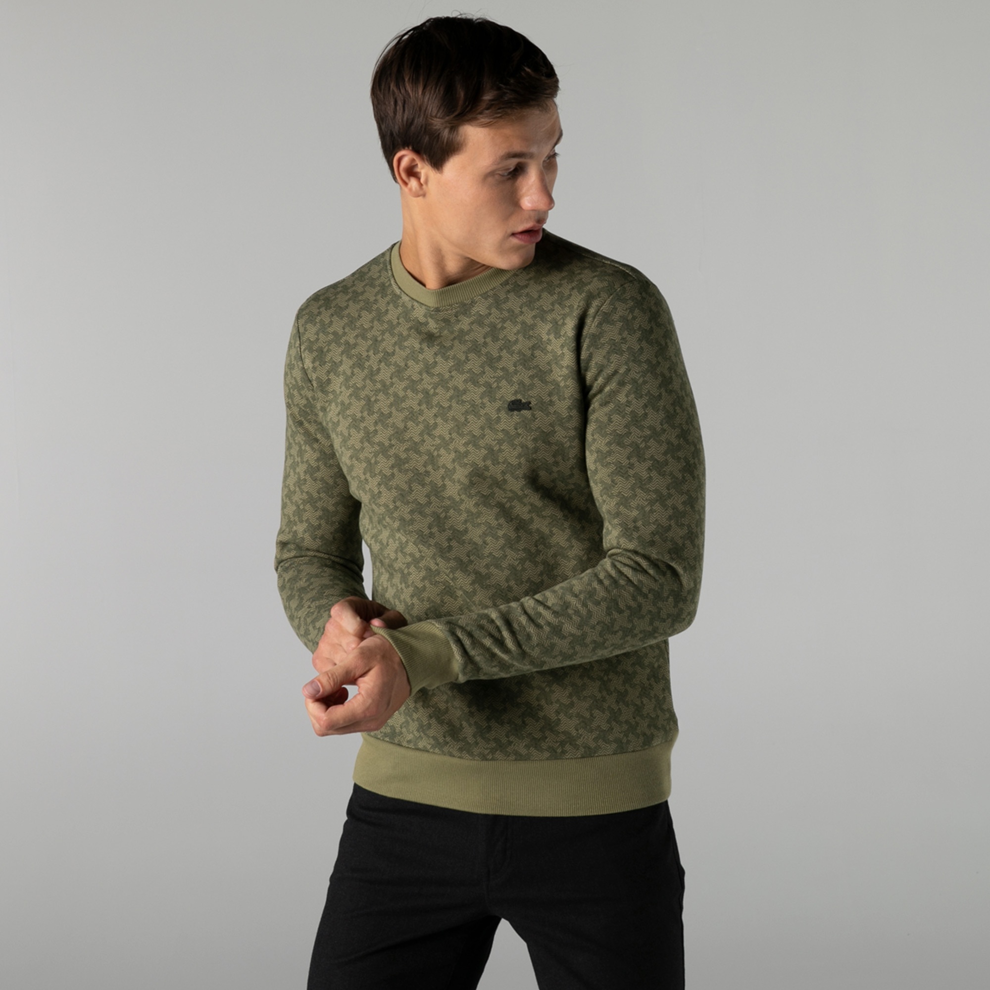 Lacoste Erkek Slim Fit Bisiklet Yaka Desenli Haki Sweatshirt