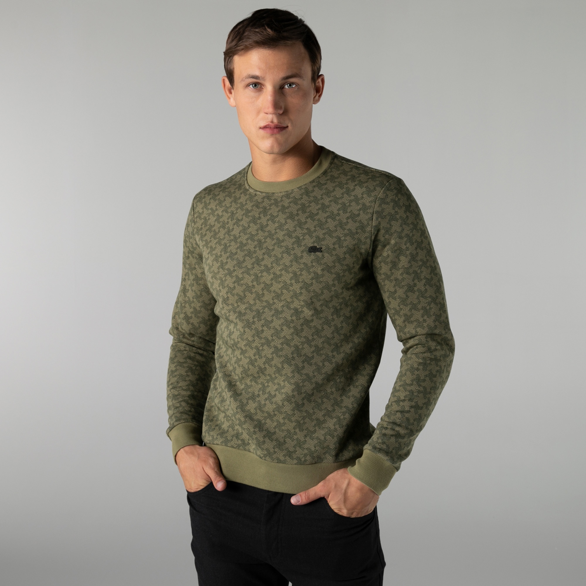 Lacoste Erkek Slim Fit Bisiklet Yaka Desenli Haki Sweatshirt