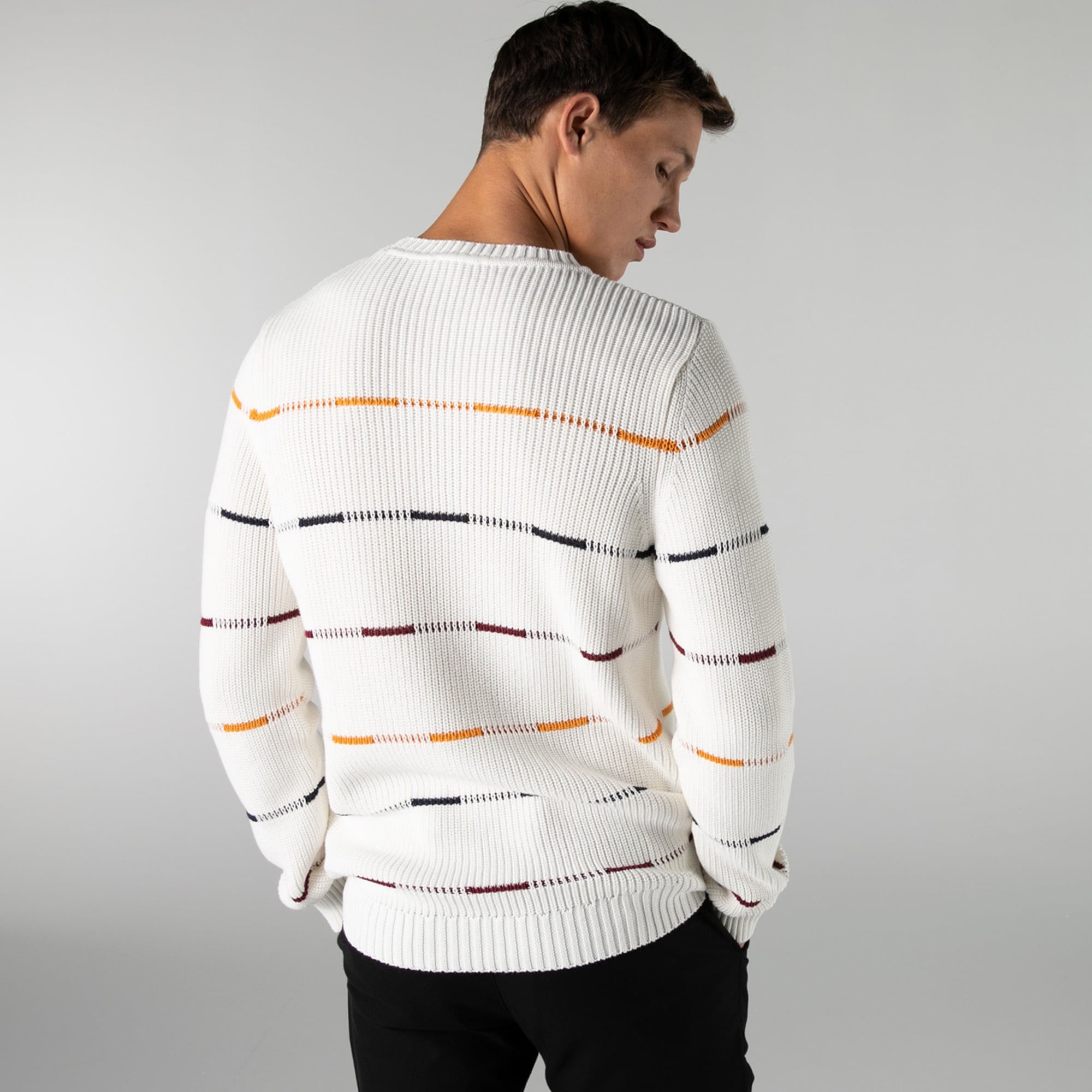 Lacoste Erkek Regular Fit Bisiklet Yaka Çizgili Beyaz Kazak