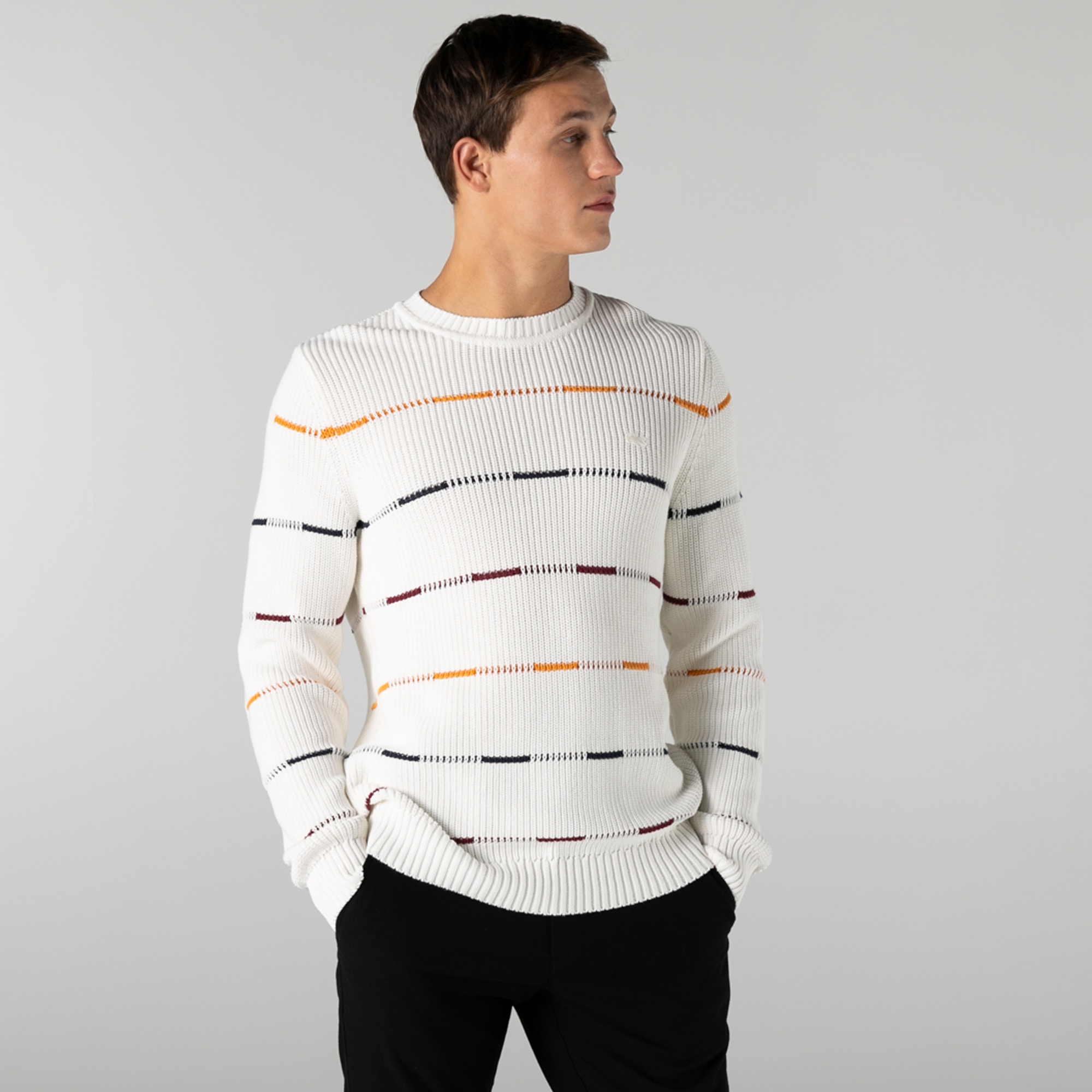 Lacoste Erkek Regular Fit Bisiklet Yaka Çizgili Beyaz Kazak