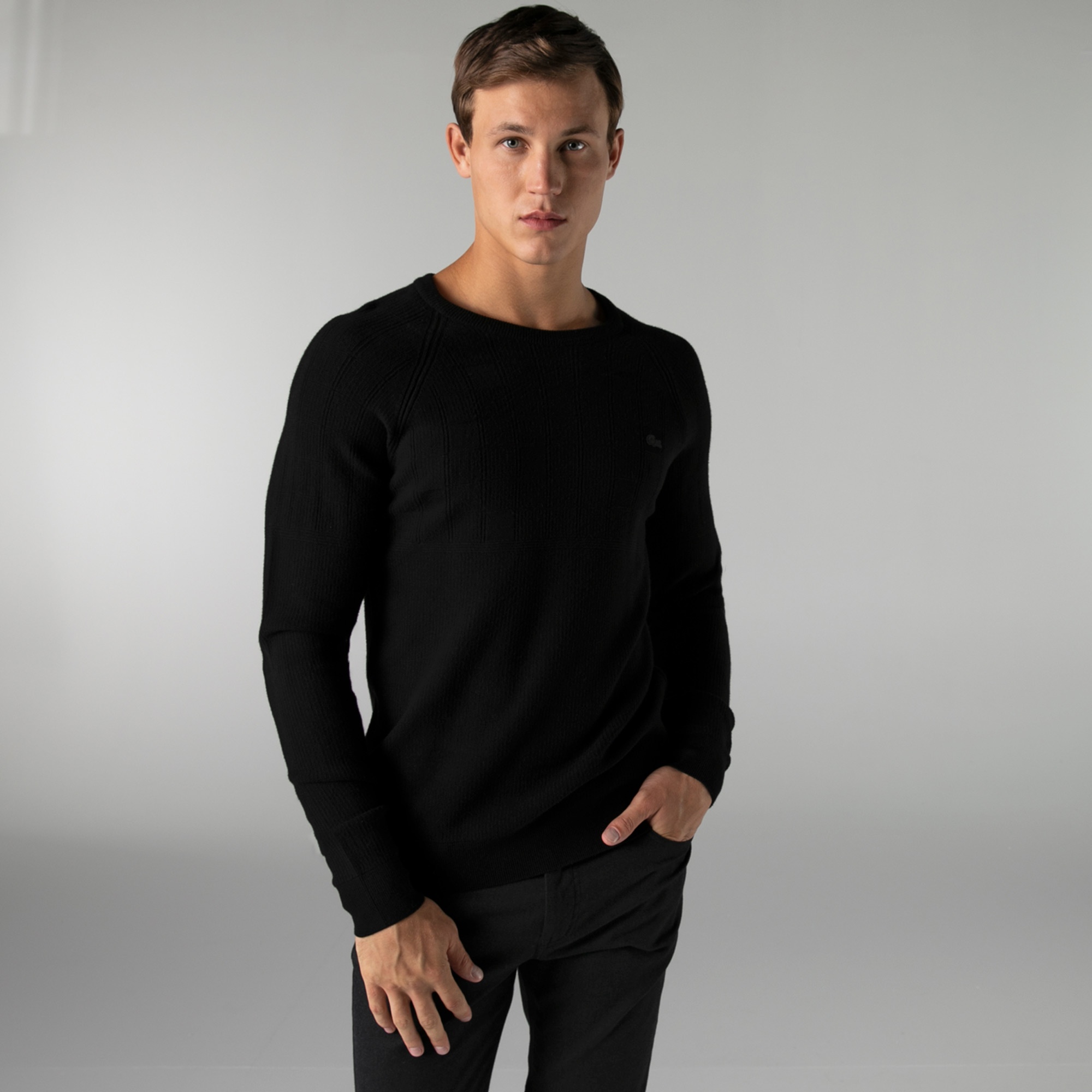 Lacoste Erkek Regular Fit Bisiklet Yaka Desenli Siyah Kazak