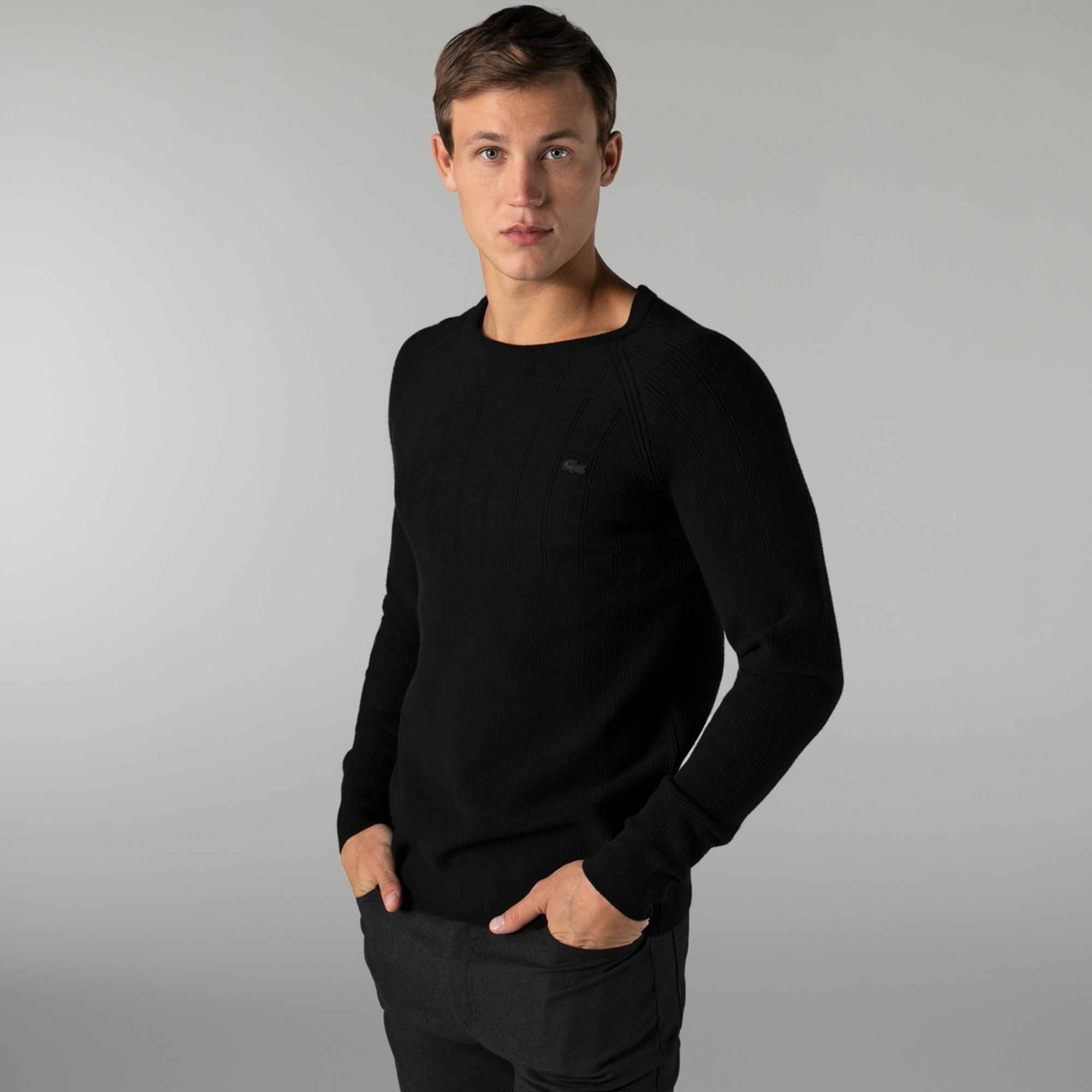 Lacoste Erkek Regular Fit Bisiklet Yaka Desenli Siyah Kazak