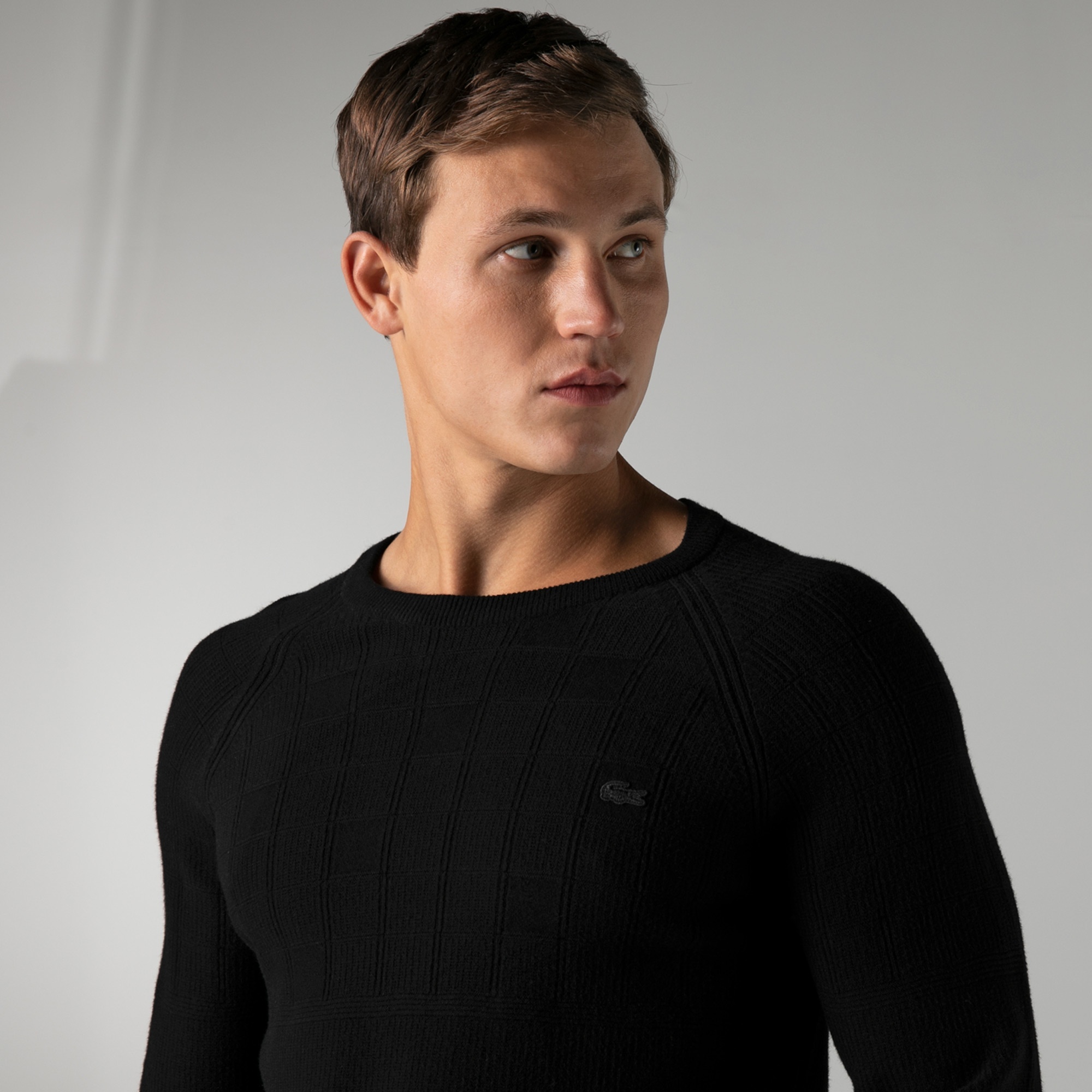 Lacoste Erkek Regular Fit Bisiklet Yaka Desenli Siyah Kazak