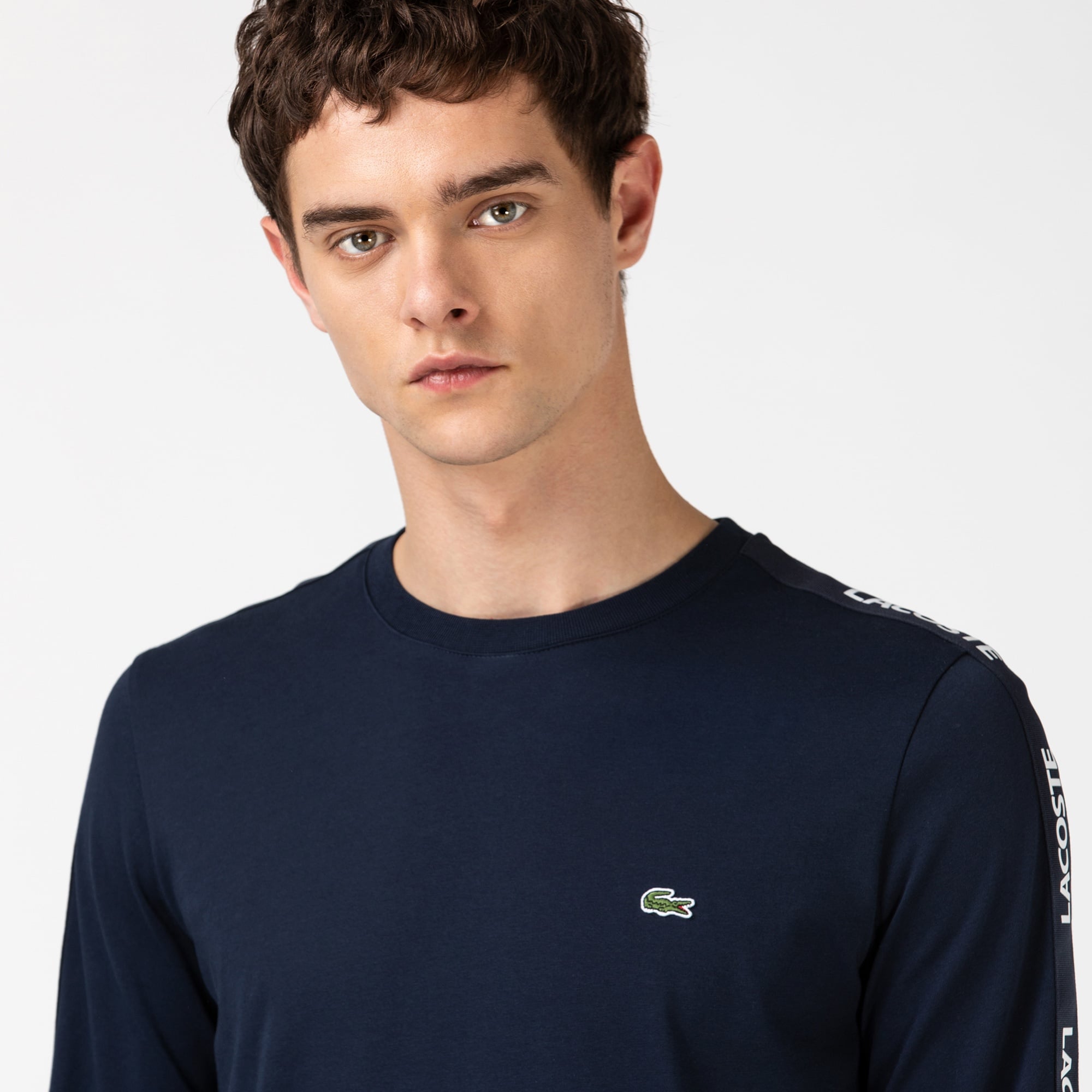 Lacoste Erkek Slim Fit Uzun Kollu Bisiklet Yaka Baskılı Lacivert T-Shirt