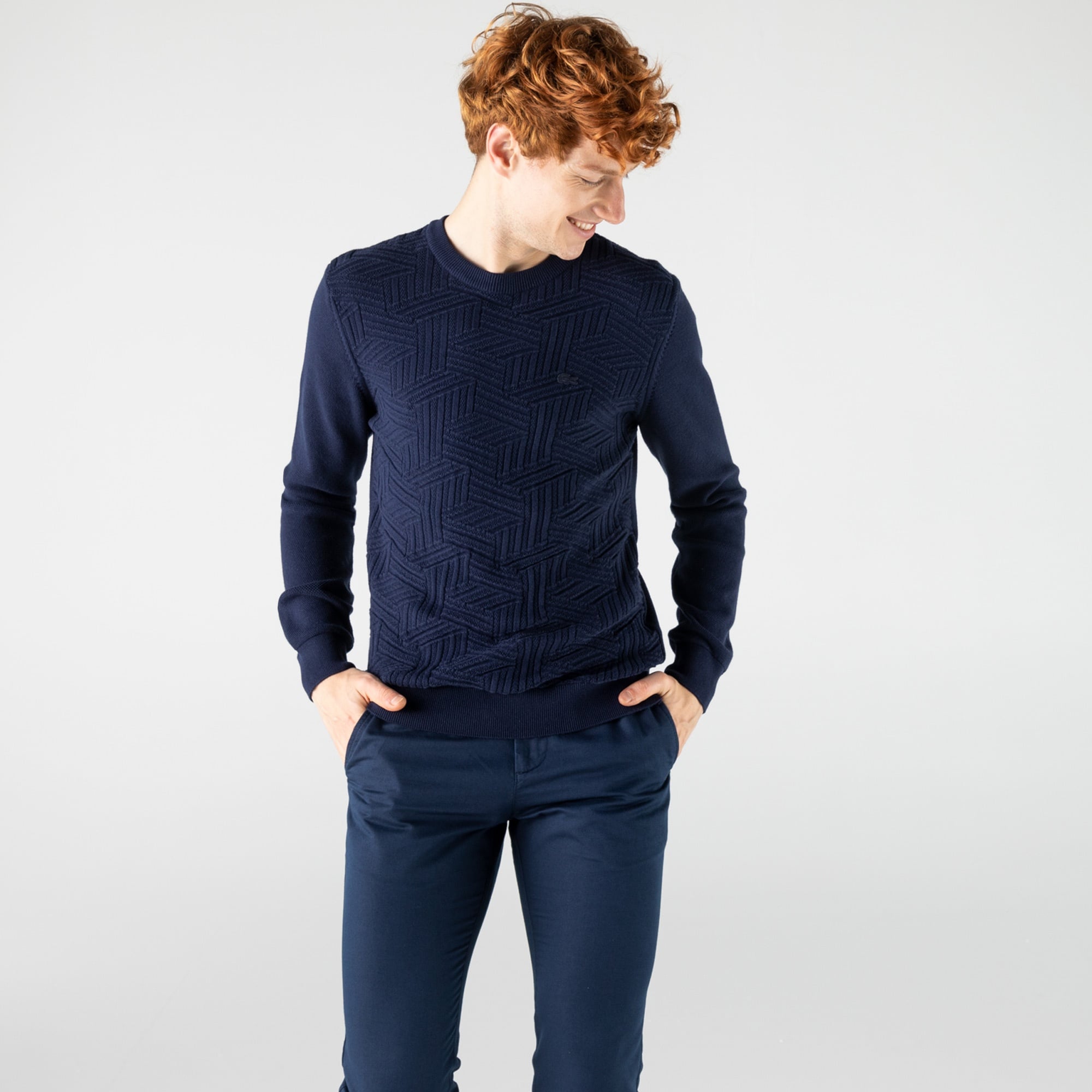 Lacoste Erkek Regular Fit Bisiklet Yaka Desenli Lacivert Kazak