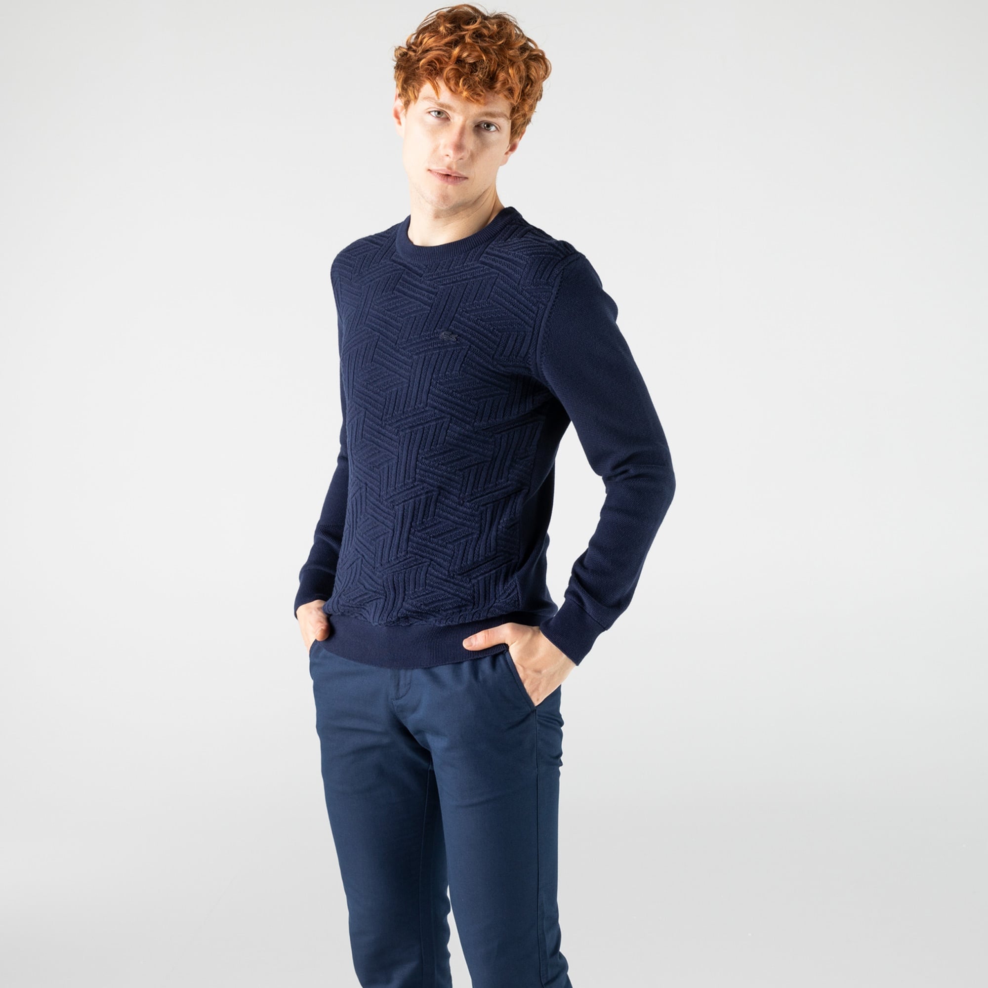 Lacoste Erkek Regular Fit Bisiklet Yaka Desenli Lacivert Kazak