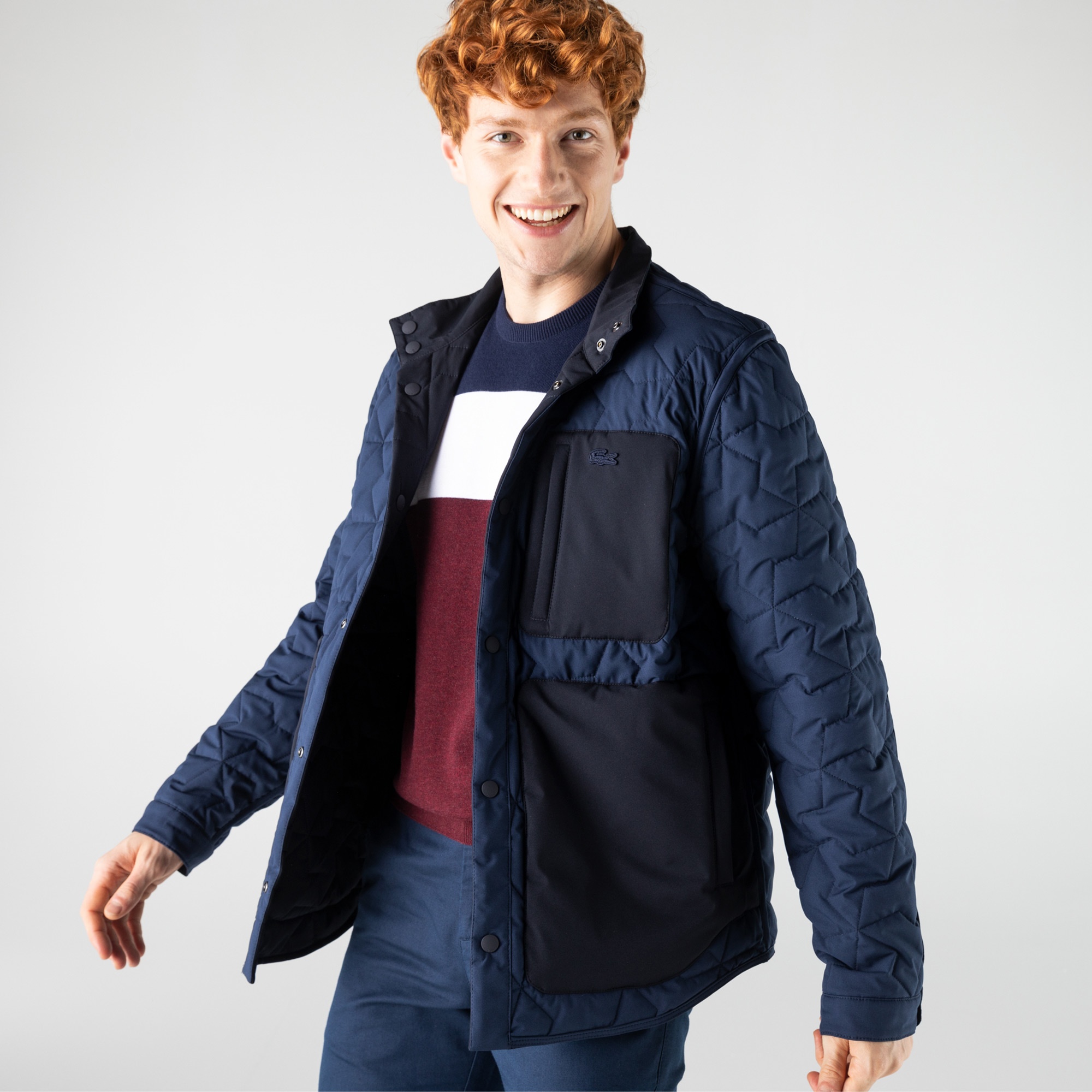 Lacoste Erkek Dik Yaka Desenli Çift Taraflı Lacivert Mont