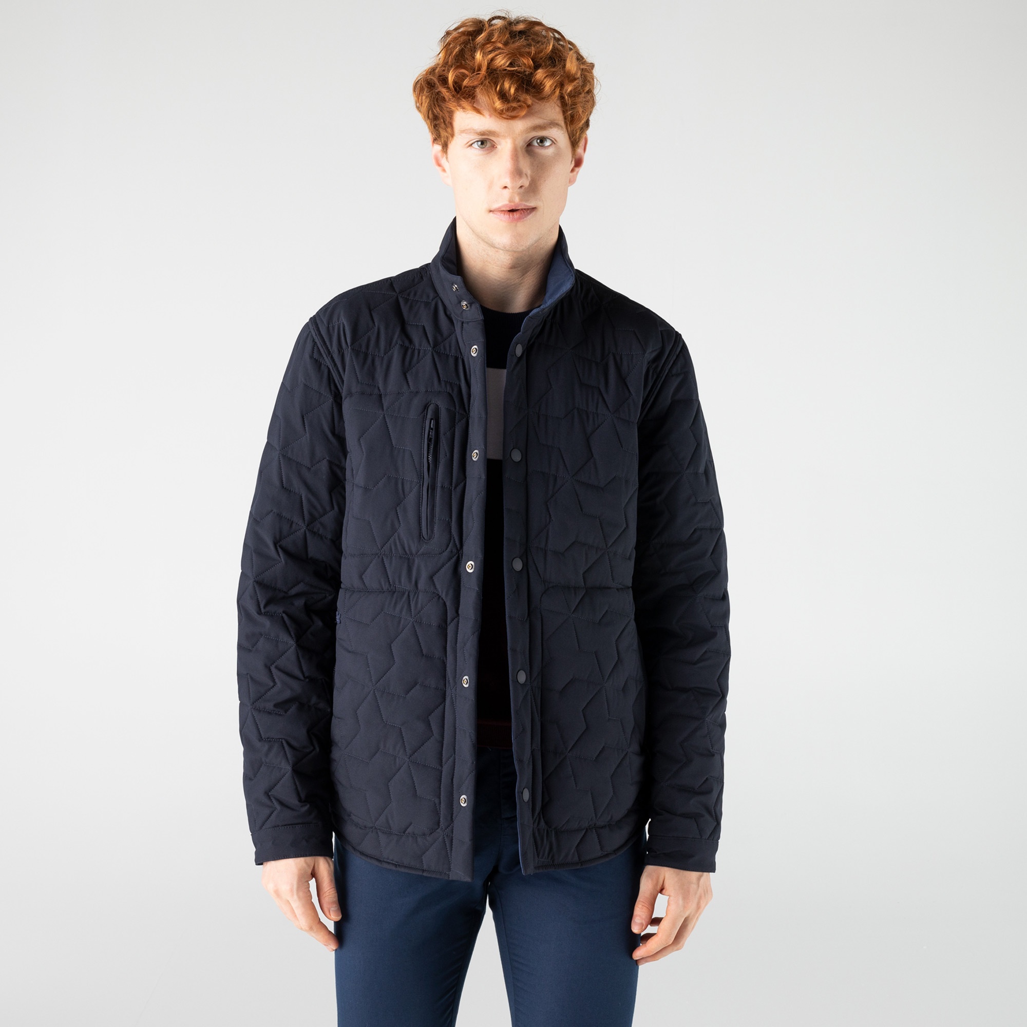 Lacoste Erkek Dik Yaka Desenli Çift Taraflı Lacivert Mont