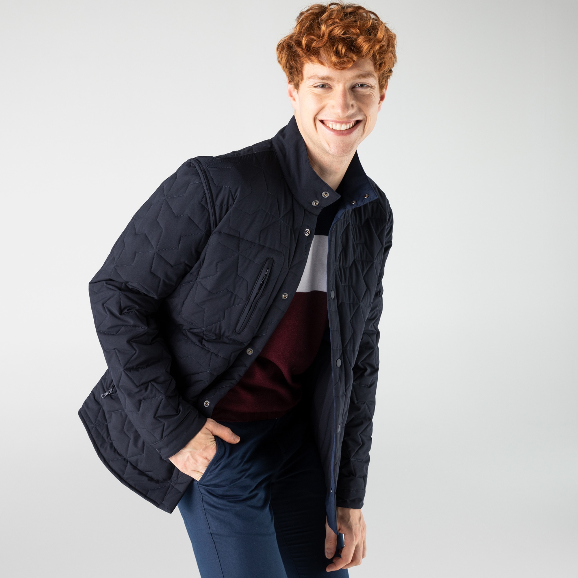 Lacoste Erkek Dik Yaka Desenli Çift Taraflı Lacivert Mont