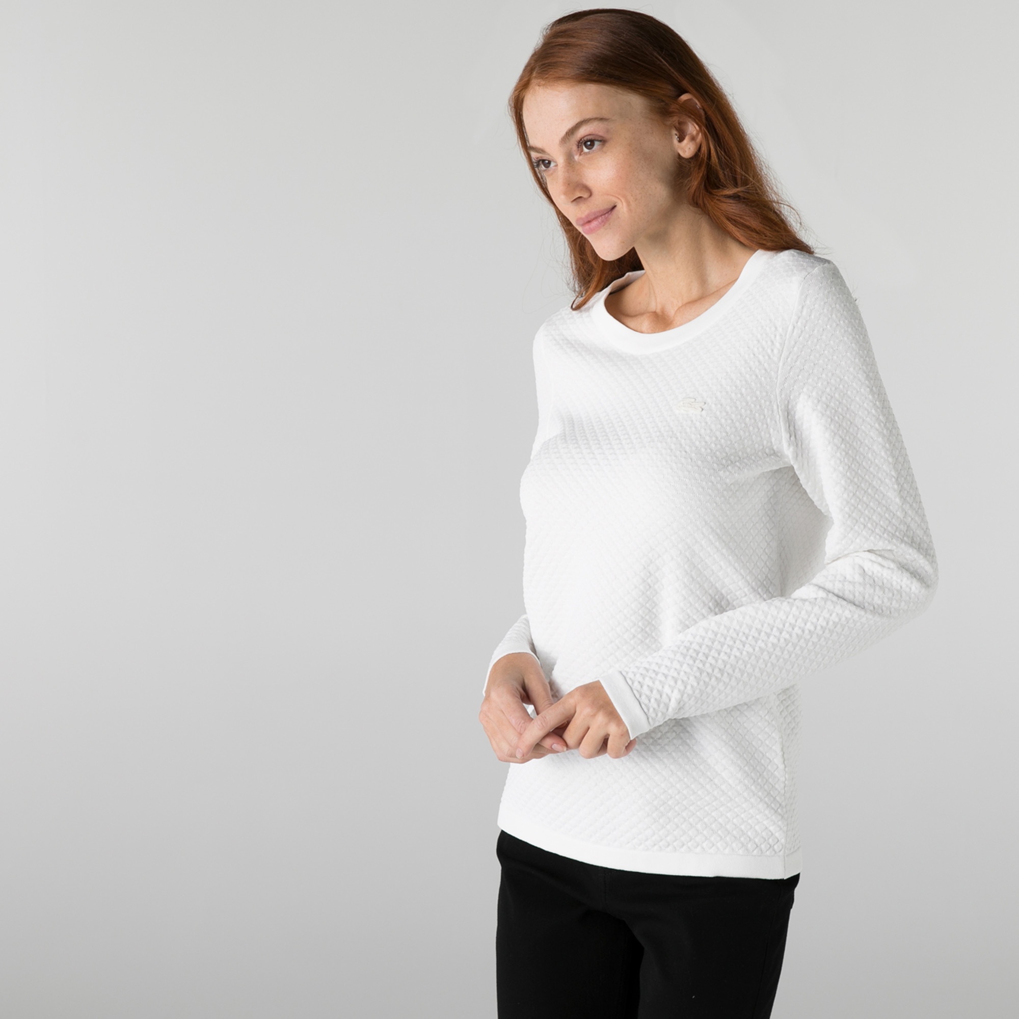 Lacoste Kadın Bisiklet Yaka Desenli Beyaz Kazak