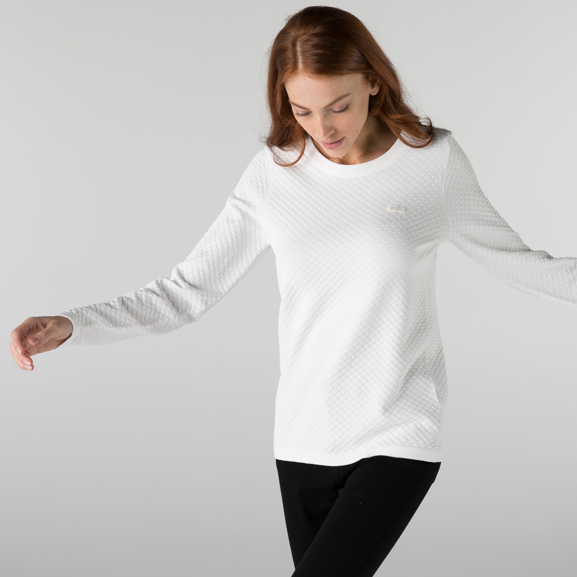 Lacoste Kadın Bisiklet Yaka Desenli Beyaz Kazak