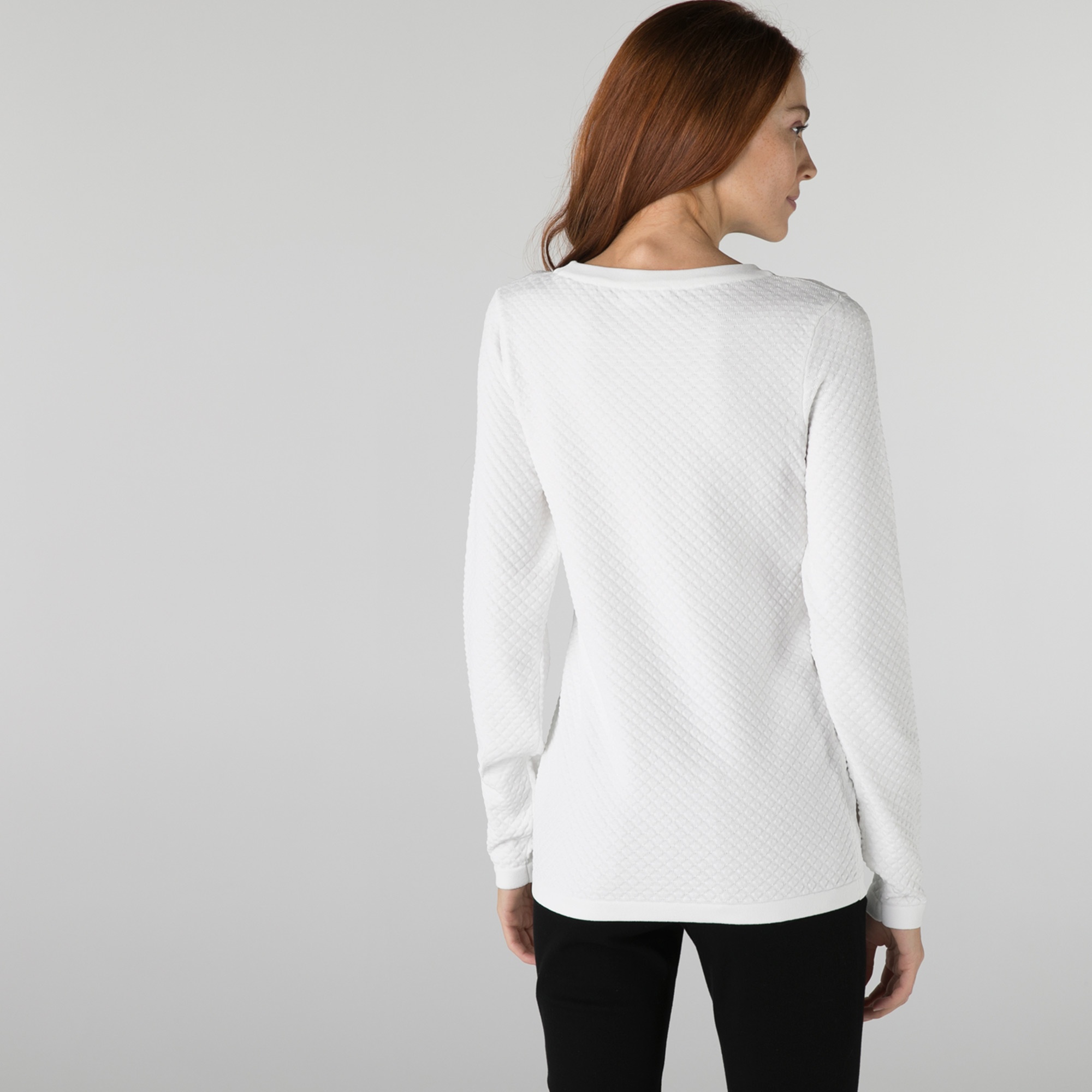 Lacoste Kadın Bisiklet Yaka Desenli Beyaz Kazak