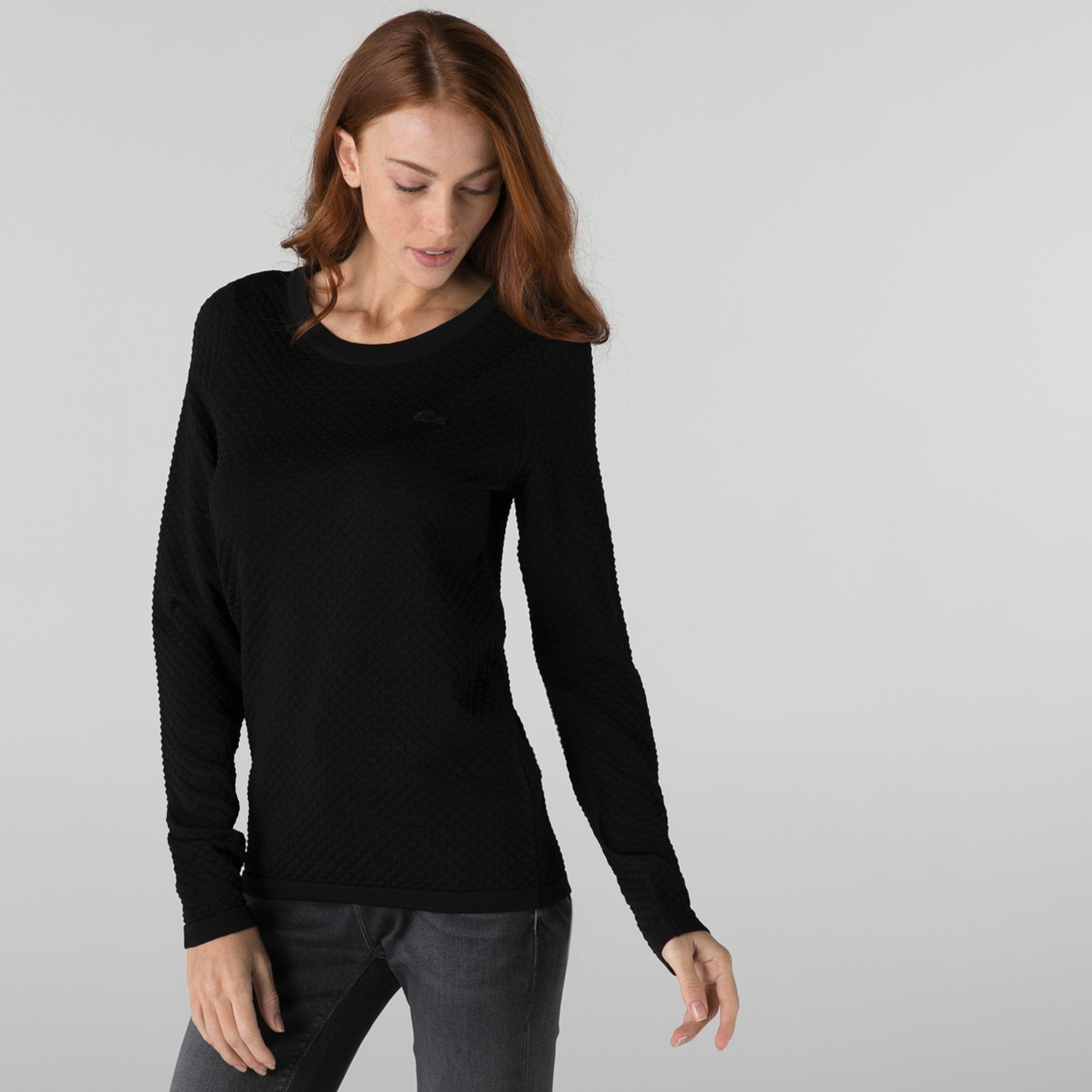 Lacoste Kadın Bisiklet Yaka Desenli Siyah Kazak