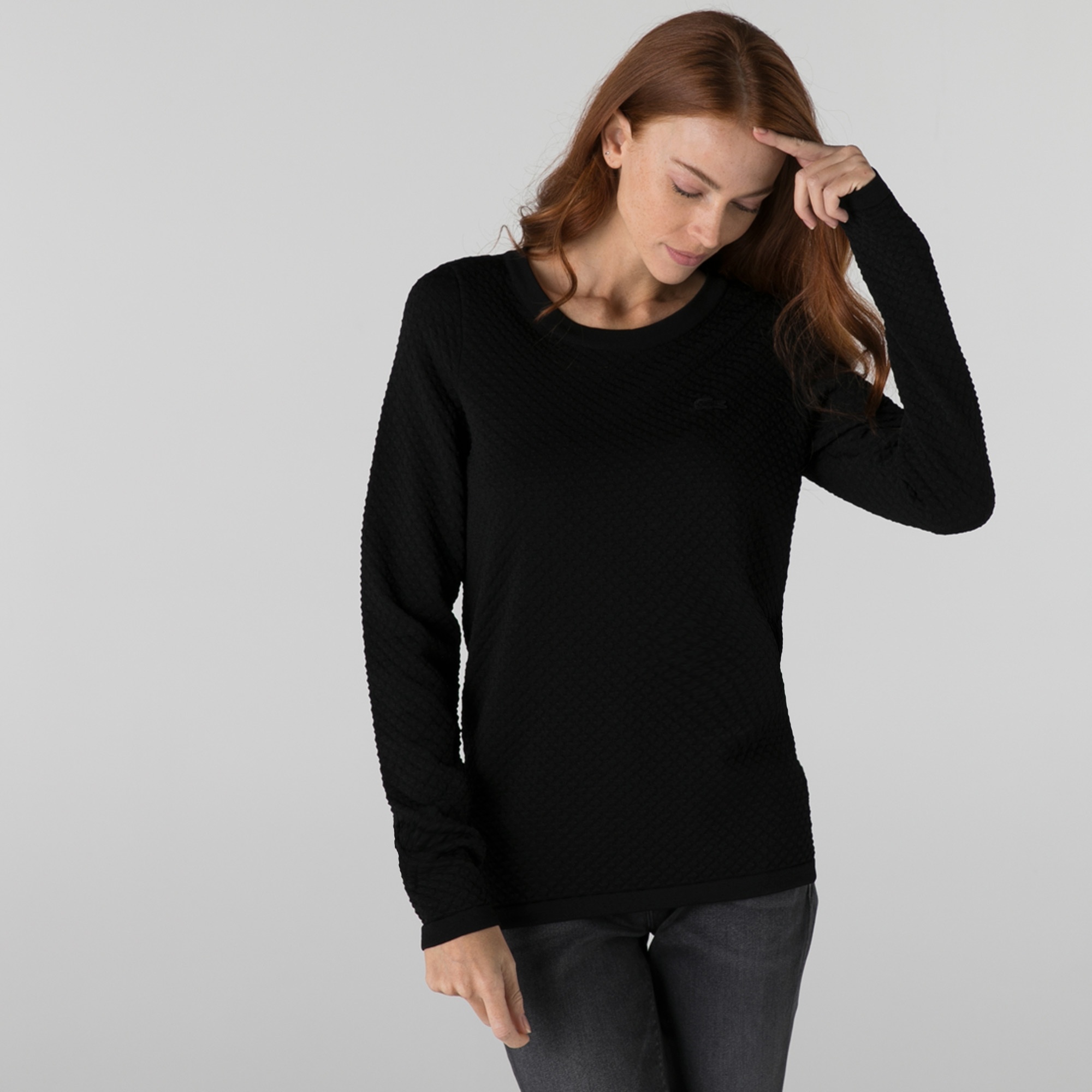 Lacoste Kadın Bisiklet Yaka Desenli Siyah Kazak