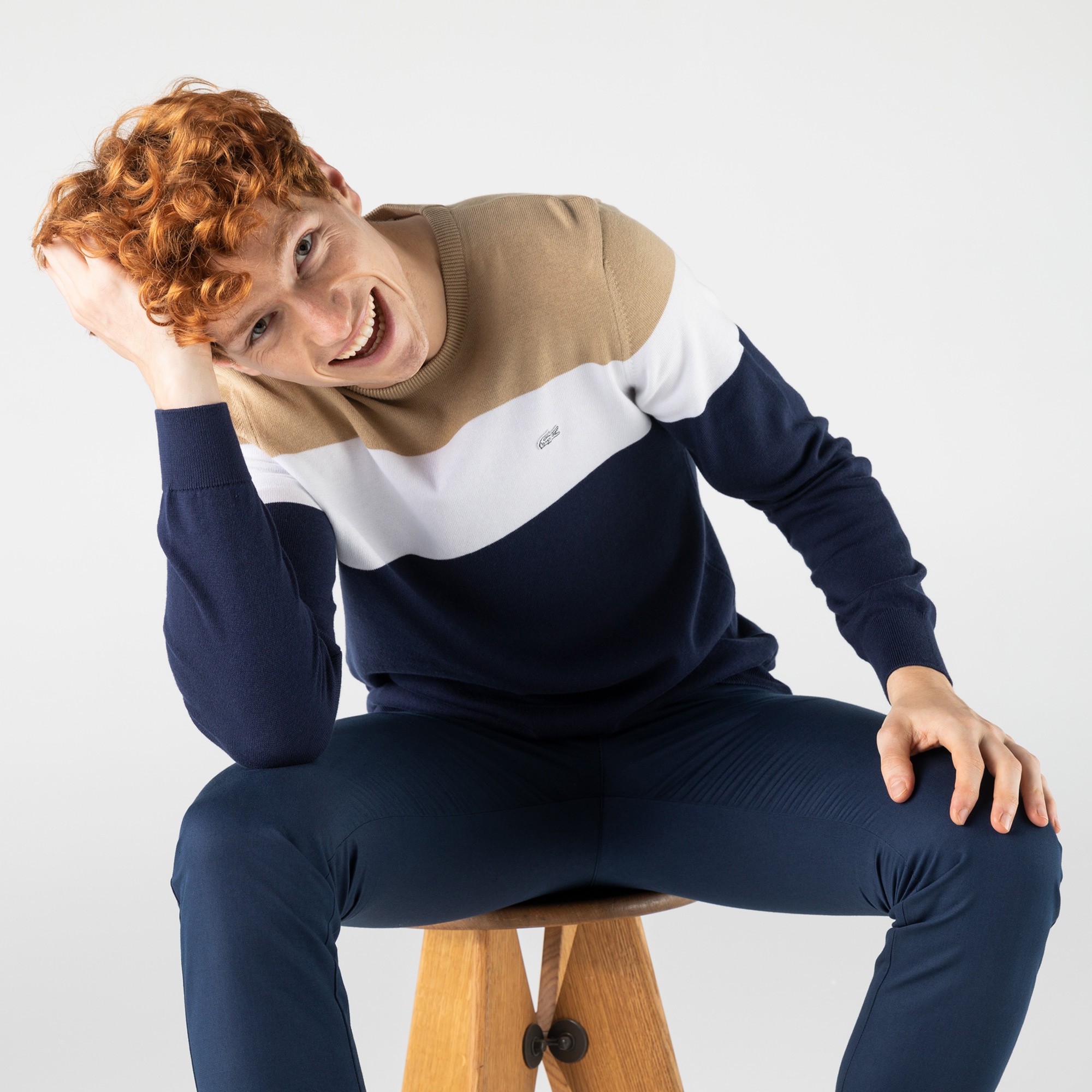 Lacoste Erkek Regular Fit Bisiklet Yaka Renk Bloklu Lacivert Kazak