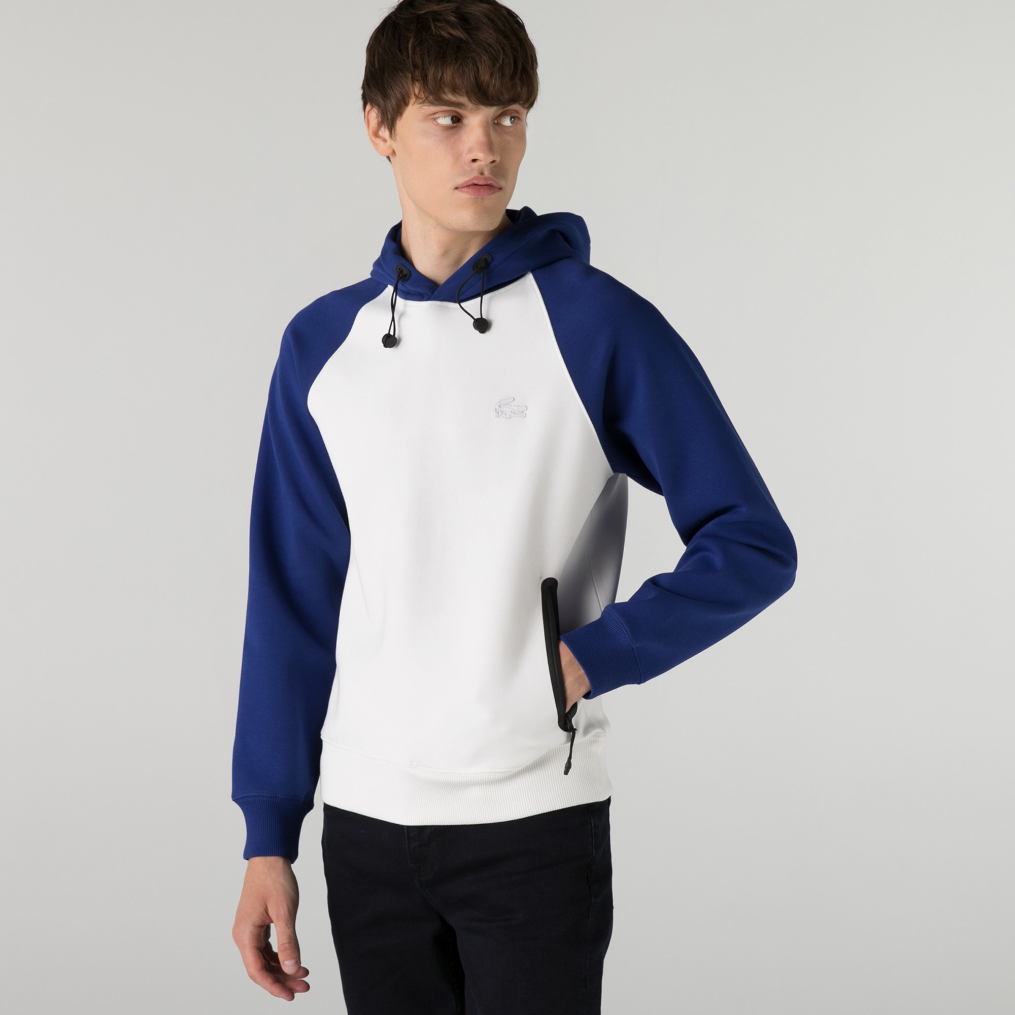Lacoste Erkek Relaxed Fit Kapüşonlu Renk Bloklu Beyaz Sweatshirt