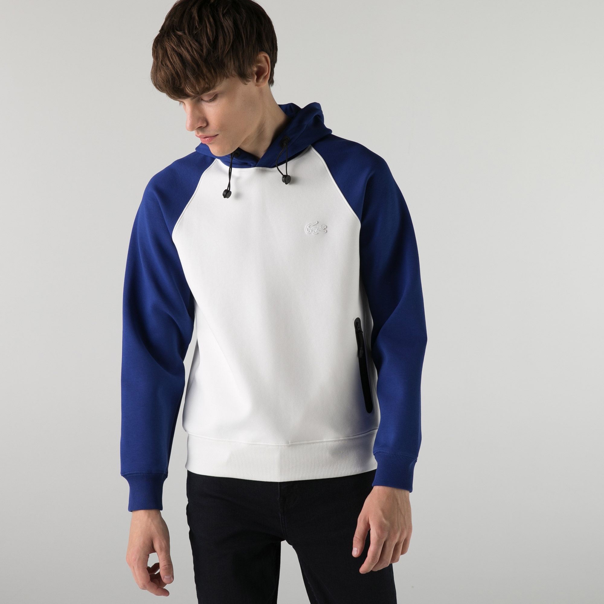 Lacoste Erkek Relaxed Fit Kapüşonlu Renk Bloklu Beyaz Sweatshirt