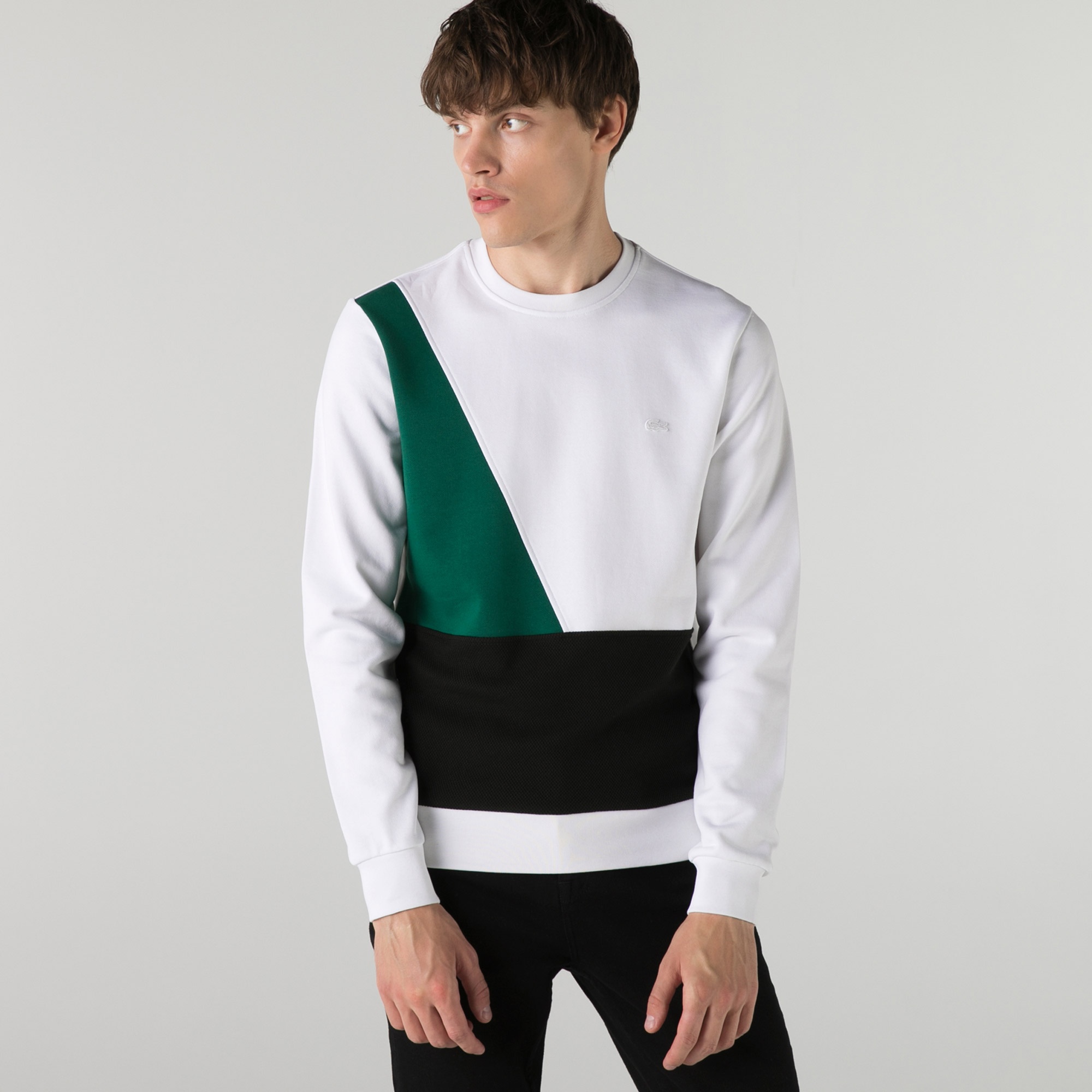 Lacoste Erkek Slim Fit Bisiklet Yaka Renk Bloklu Beyaz Sweatshirt