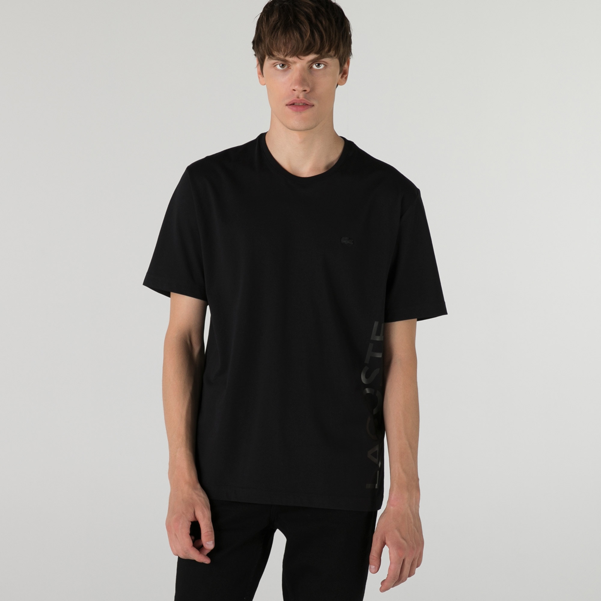 Lacoste Erkek Relaxed Fit Bisiklet Yaka Baskılı Siyah T-Shirt