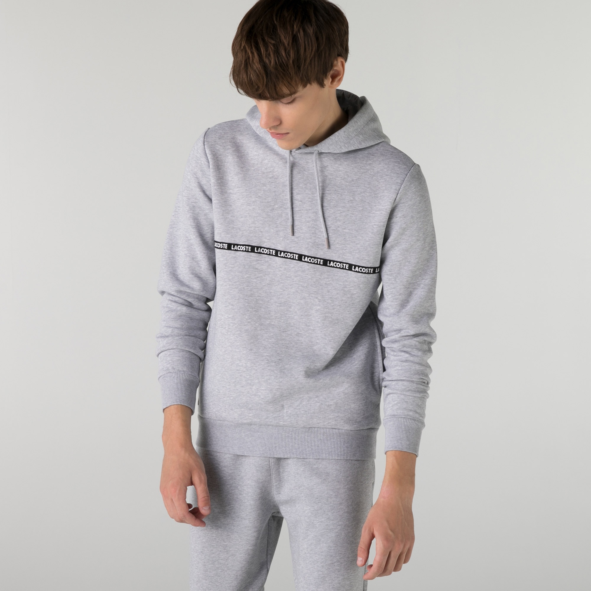 Lacoste Erkek Slim Fit Kapüşonlu Çizgili Gri Sweatshirt