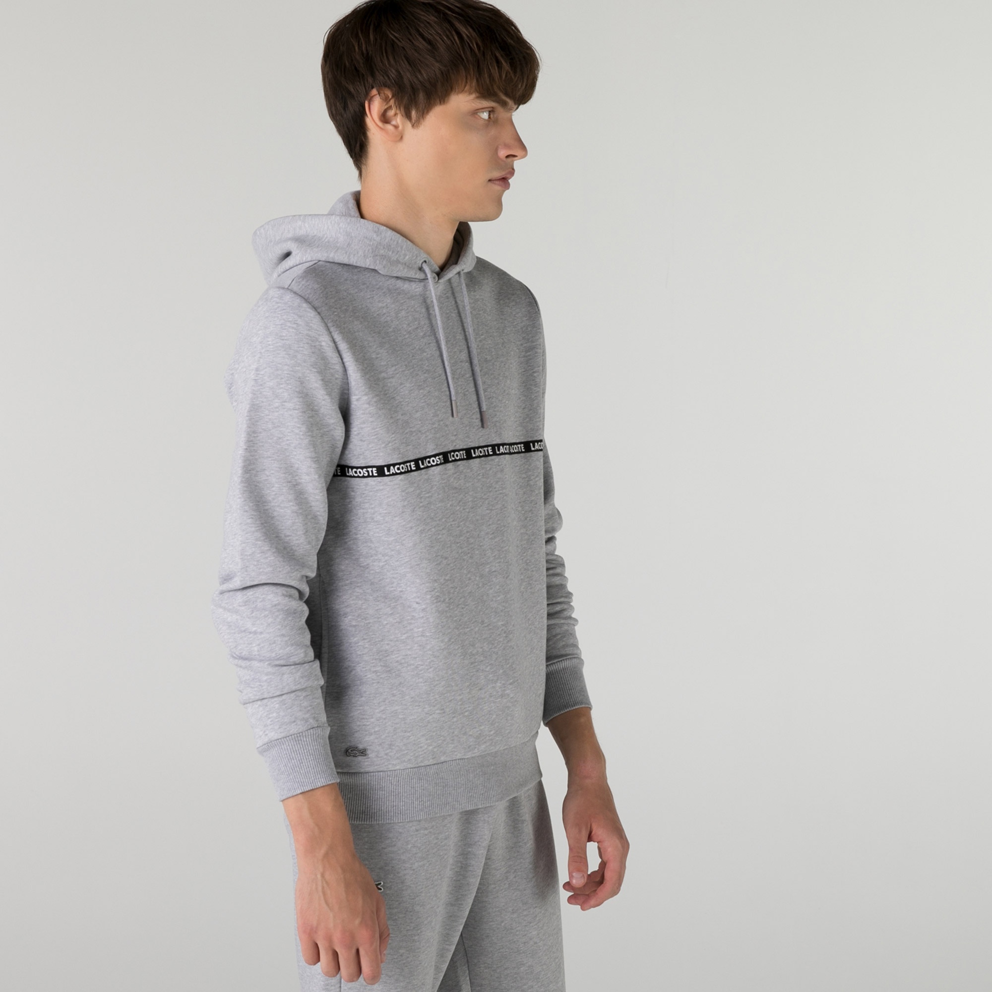 Lacoste Erkek Slim Fit Kapüşonlu Çizgili Gri Sweatshirt