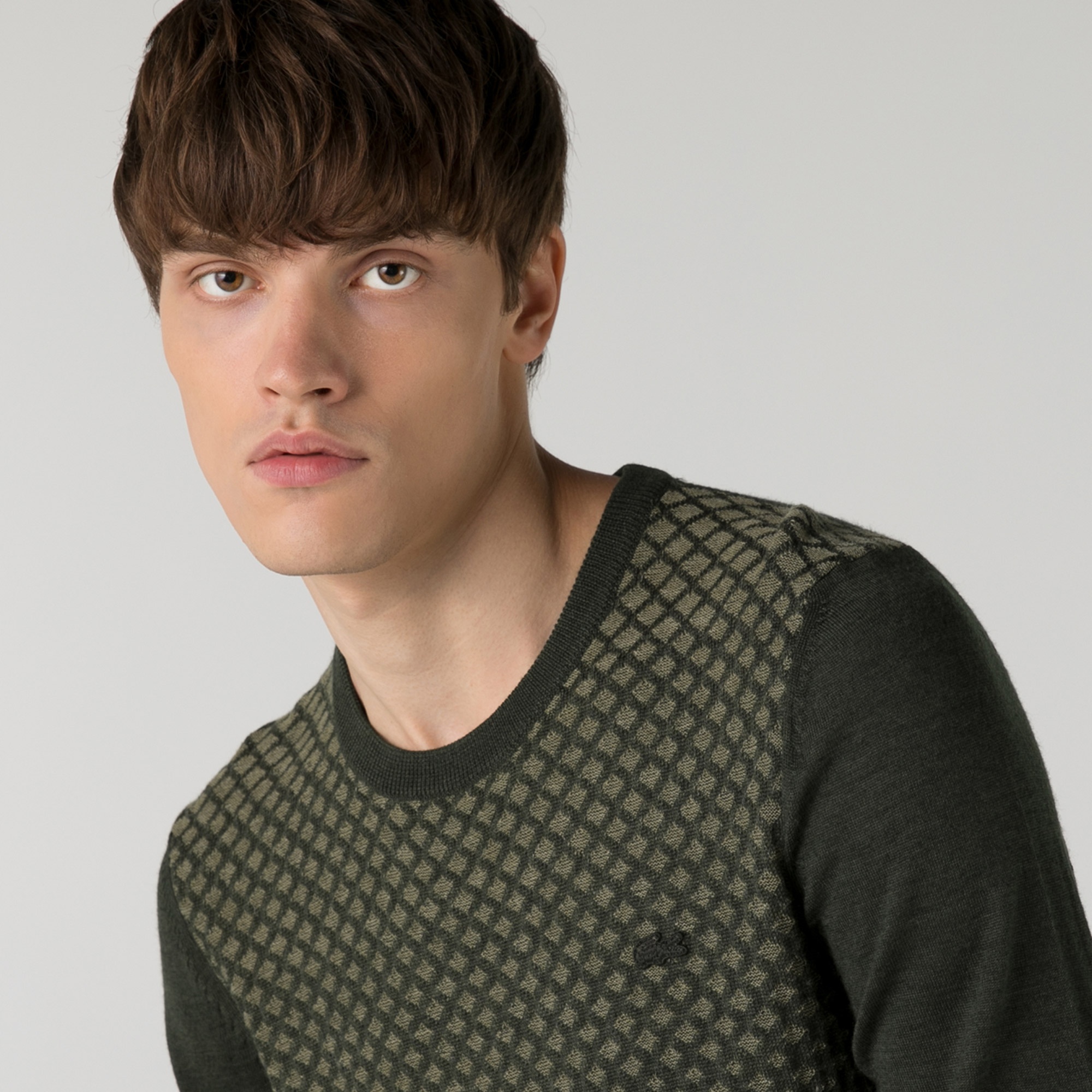 Lacoste Erkek Regular Fit Bisiklet Yaka Desenli Haki Kazak