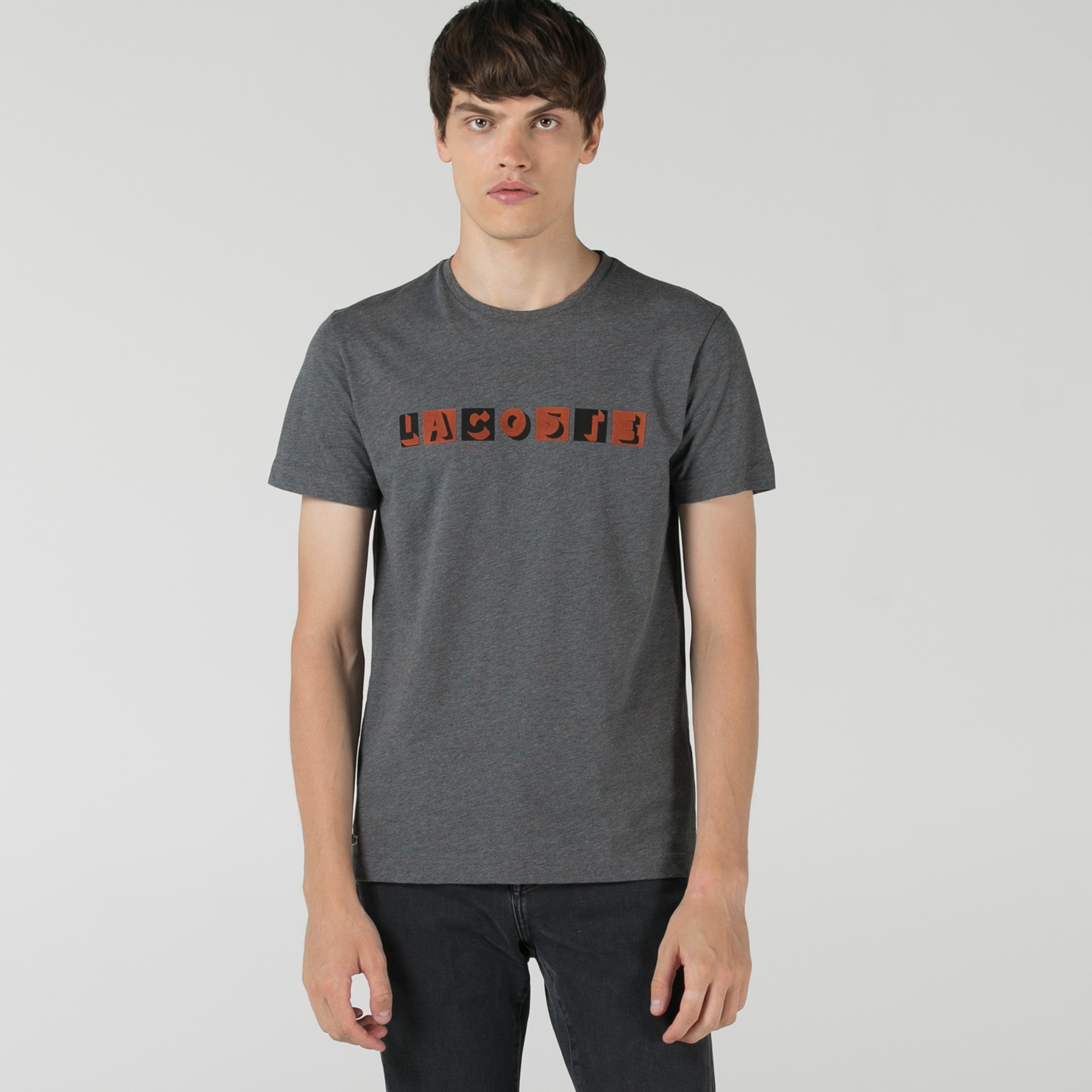 Lacoste Erkek Slim Fit Bisiklet Yaka Baskılı Koyu Gri T-Shirt