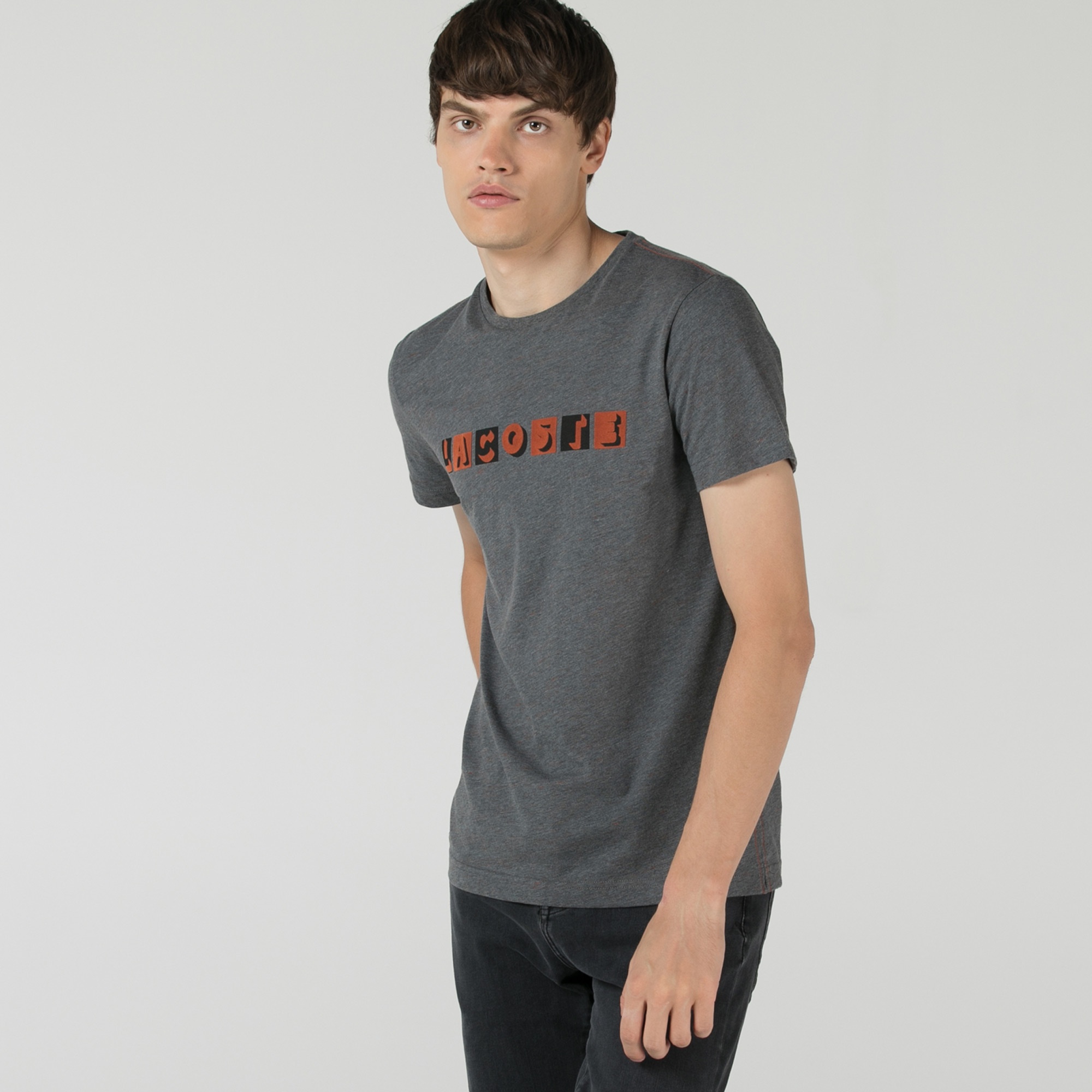 Lacoste Erkek Slim Fit Bisiklet Yaka Baskılı Koyu Gri T-Shirt