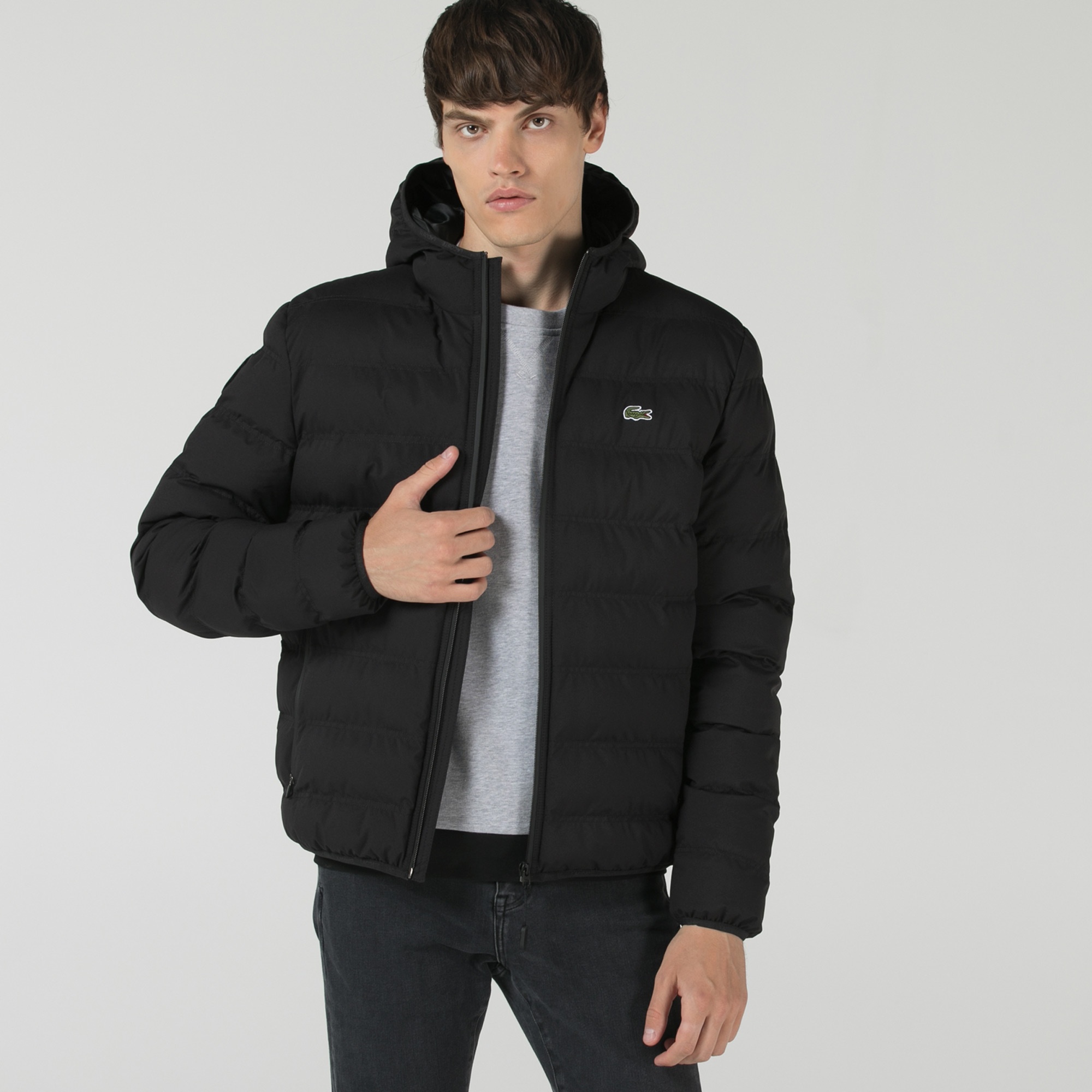 Lacoste Erkek Kapüşonlu Kapitone Siyah Mont