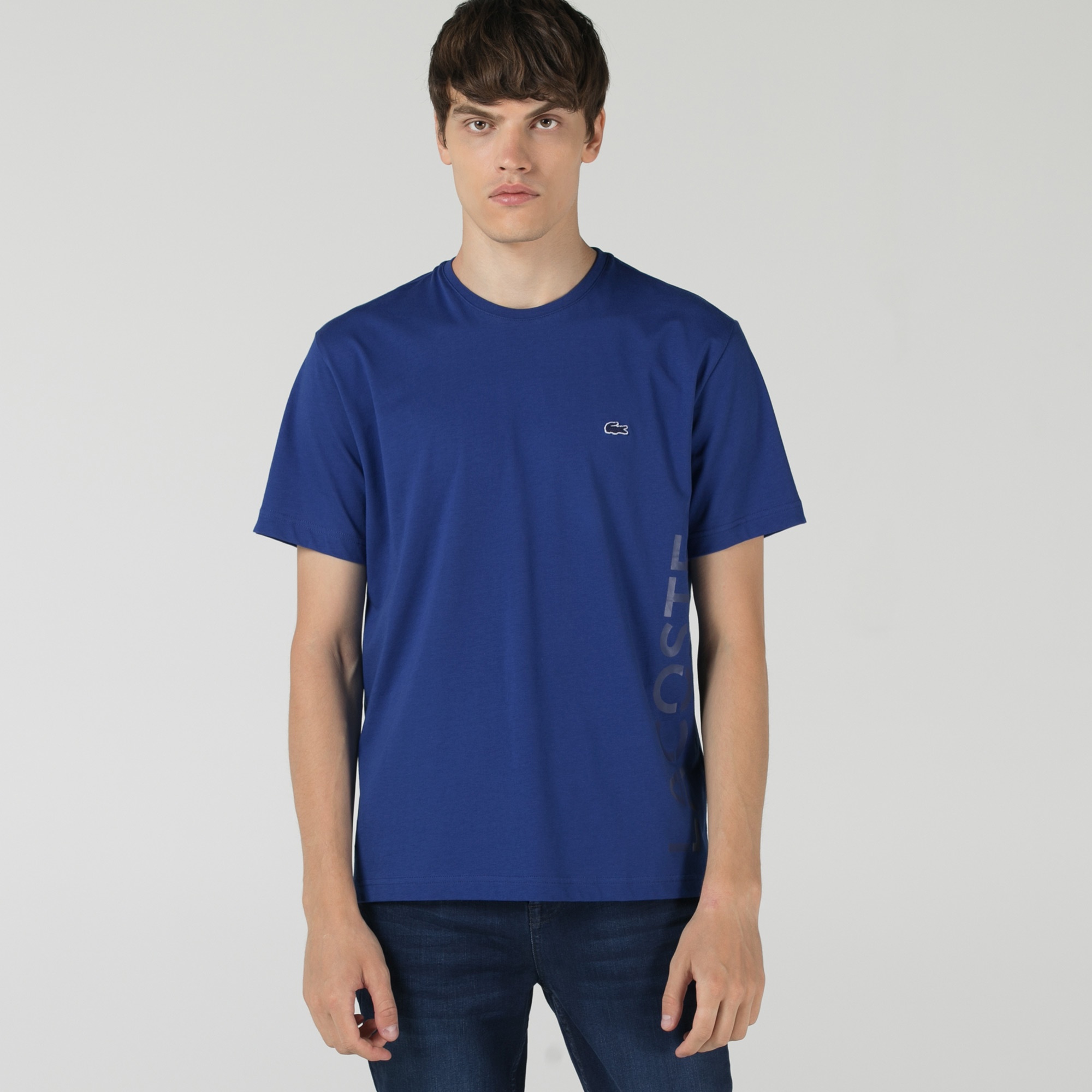 Lacoste Erkek Relaxed Fit Bisiklet Yaka Baskılı Mavi T-Shirt